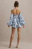 Ithaca Blue Porcelain Print Bardot Ruffled Playsuit
