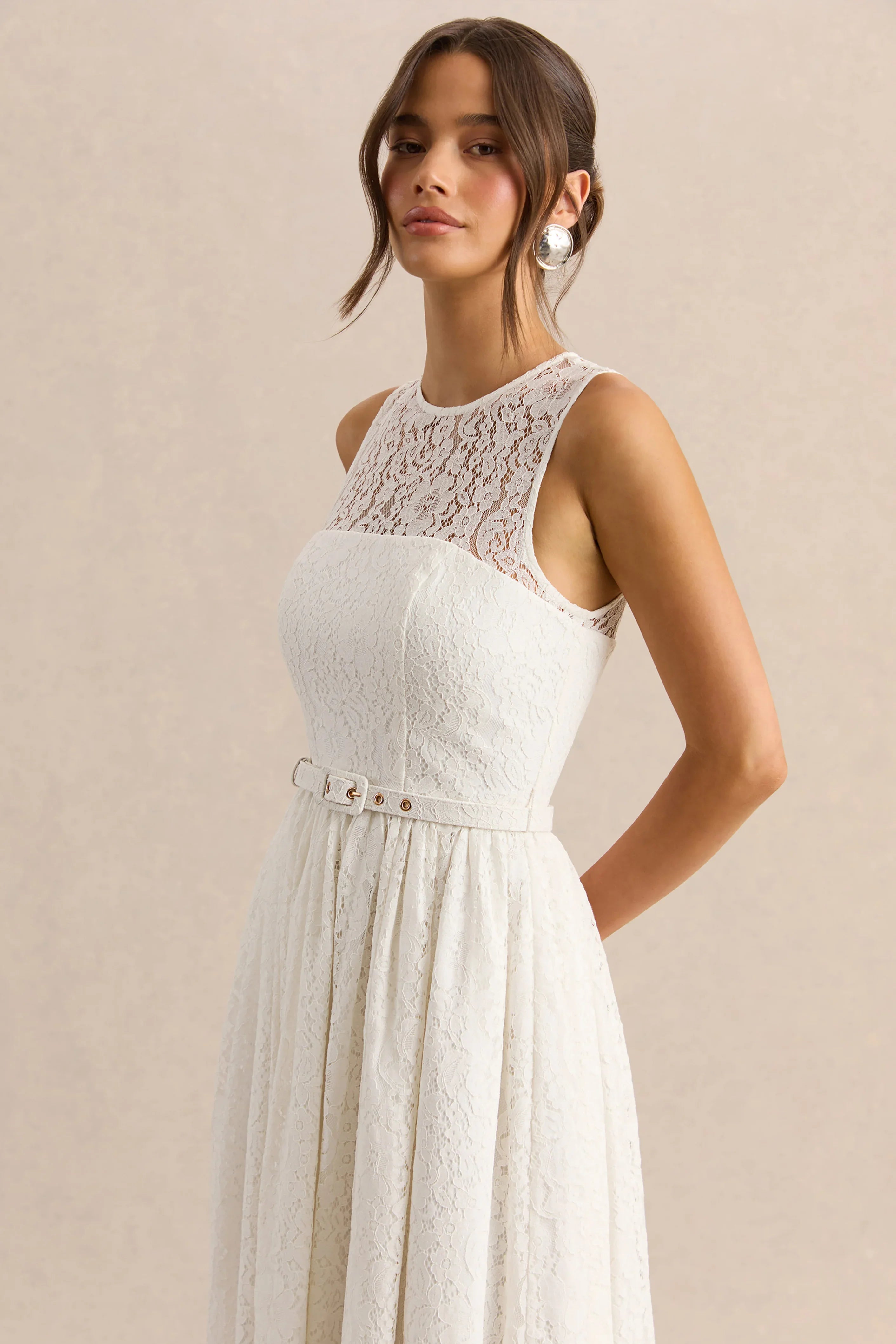 Anabella White Lace Crew Neck Belted Midi Dress