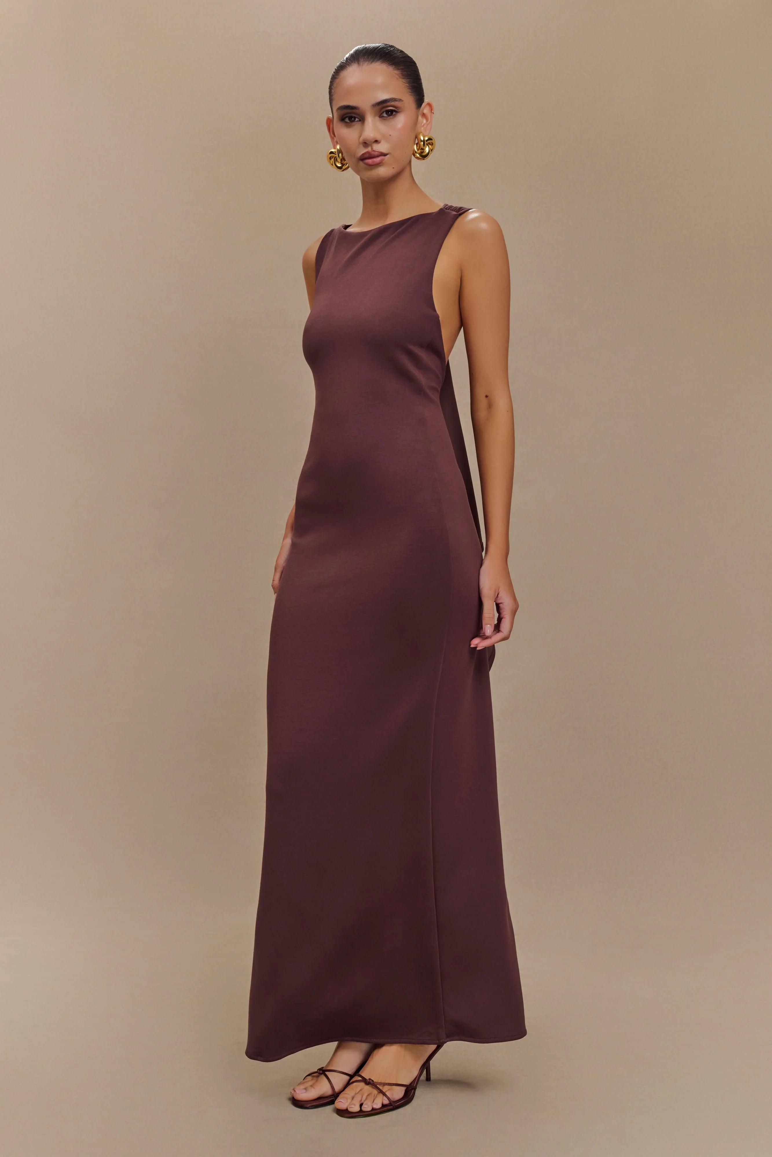 Catelyn Asymmetrical Scuba Jersey Midi Dress Cacao Brown