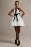 Eclair Black White Plunge Neck Mini Dress With Tulle Skirt