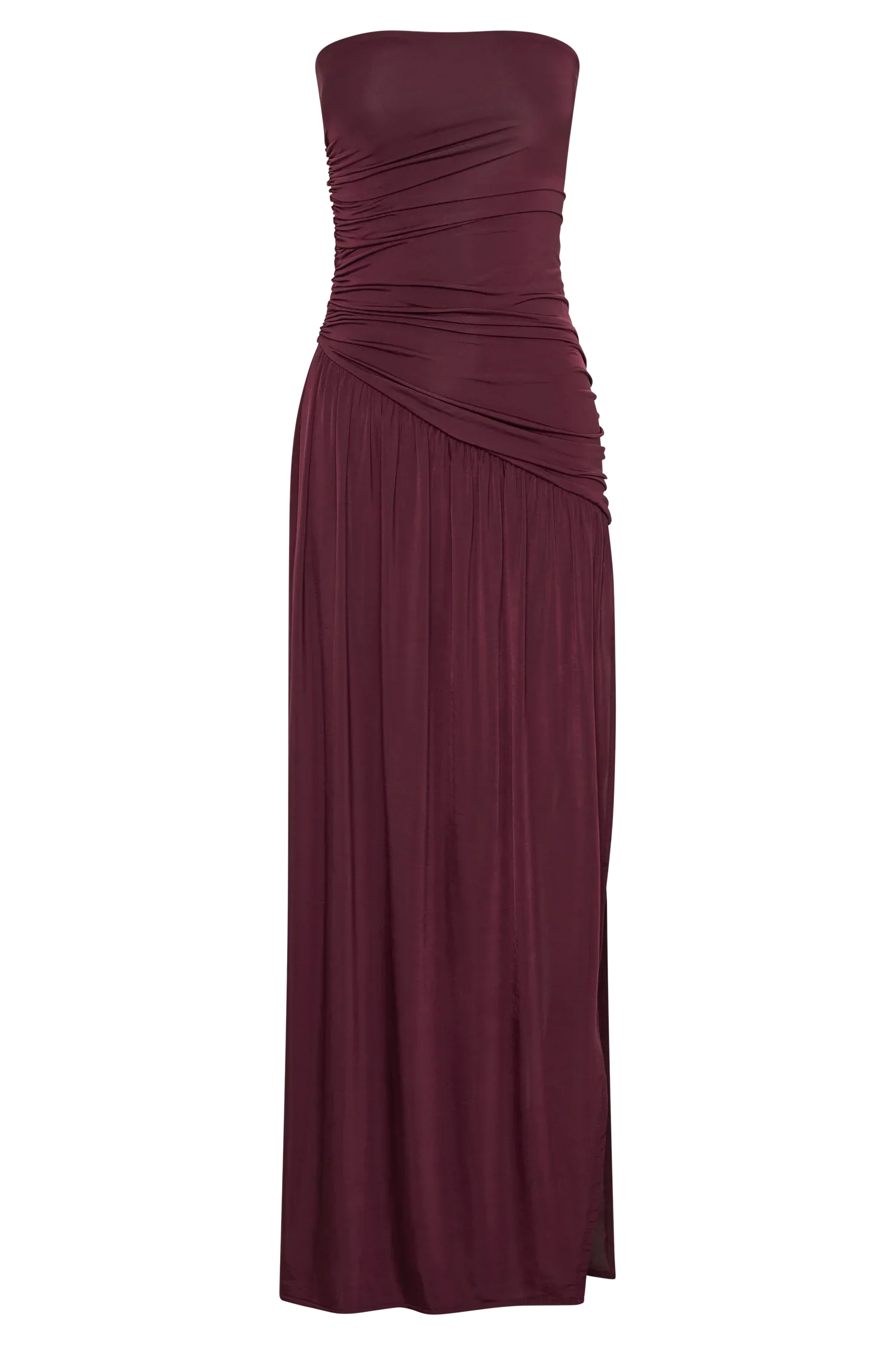 Bex Strapless Slinky Maxi Dress With Split Burgundy