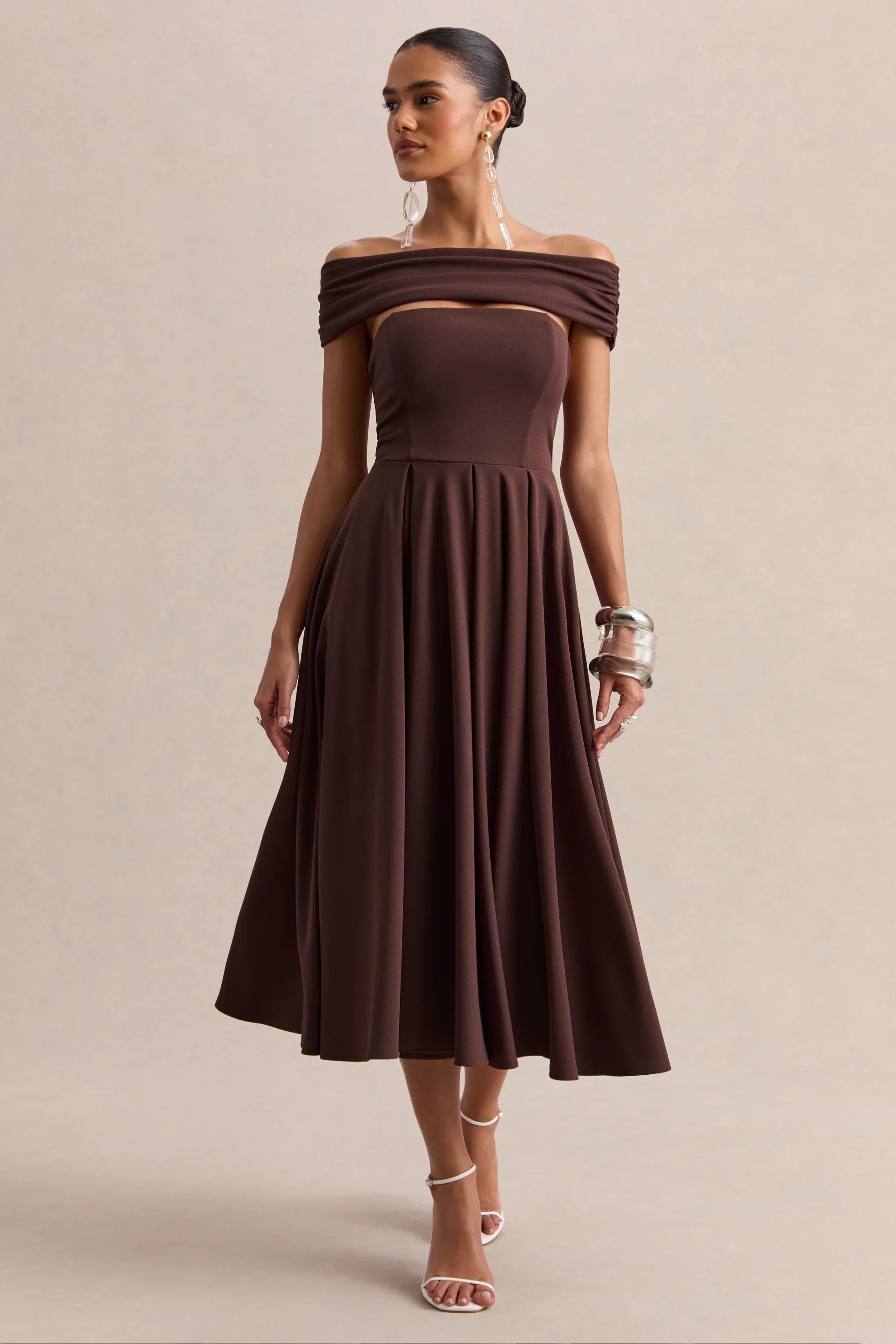 Mavina Brown Bardot Neck Midi Dress