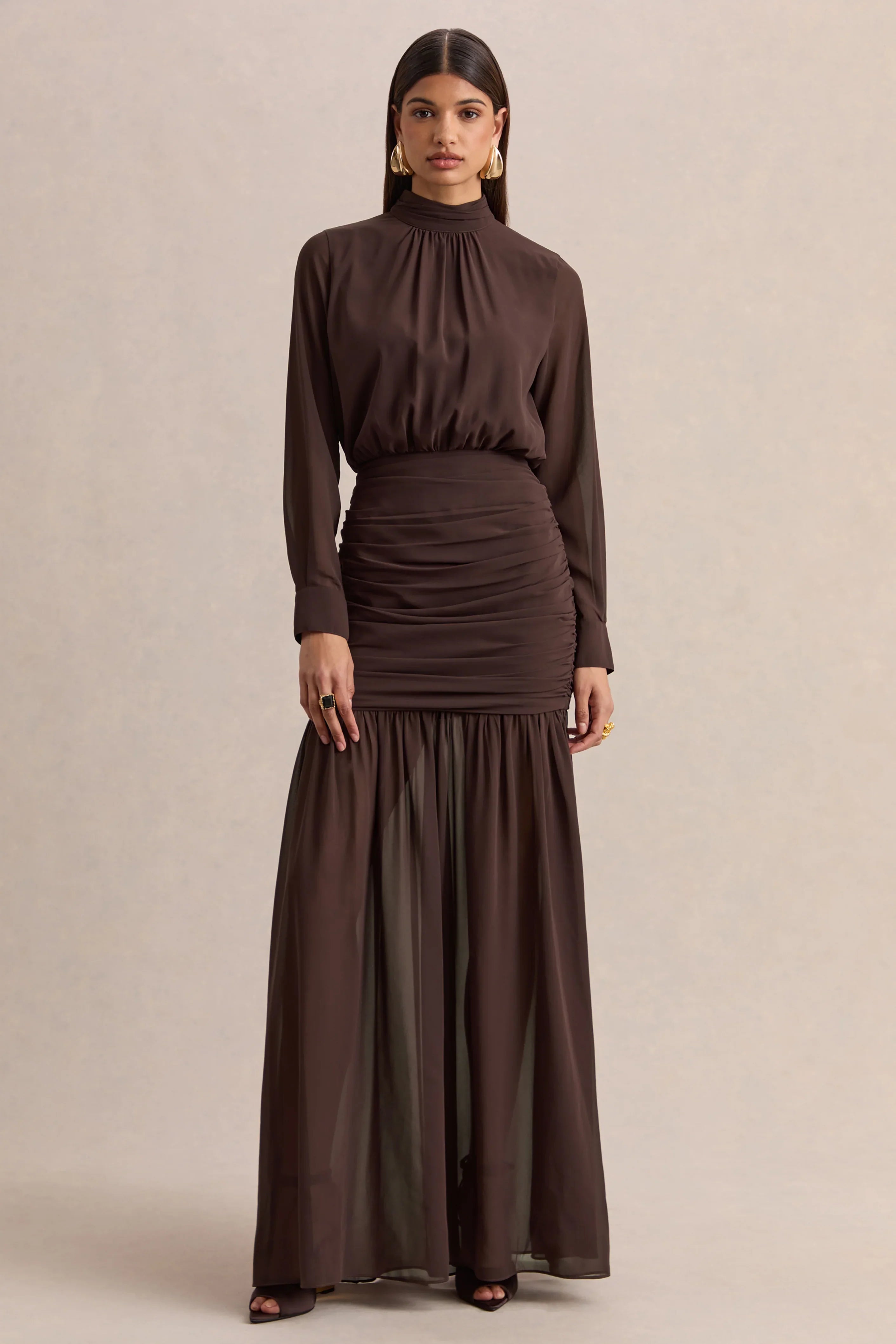 Zella Brown High Neck Maxi Dress With Sheer Skirt
