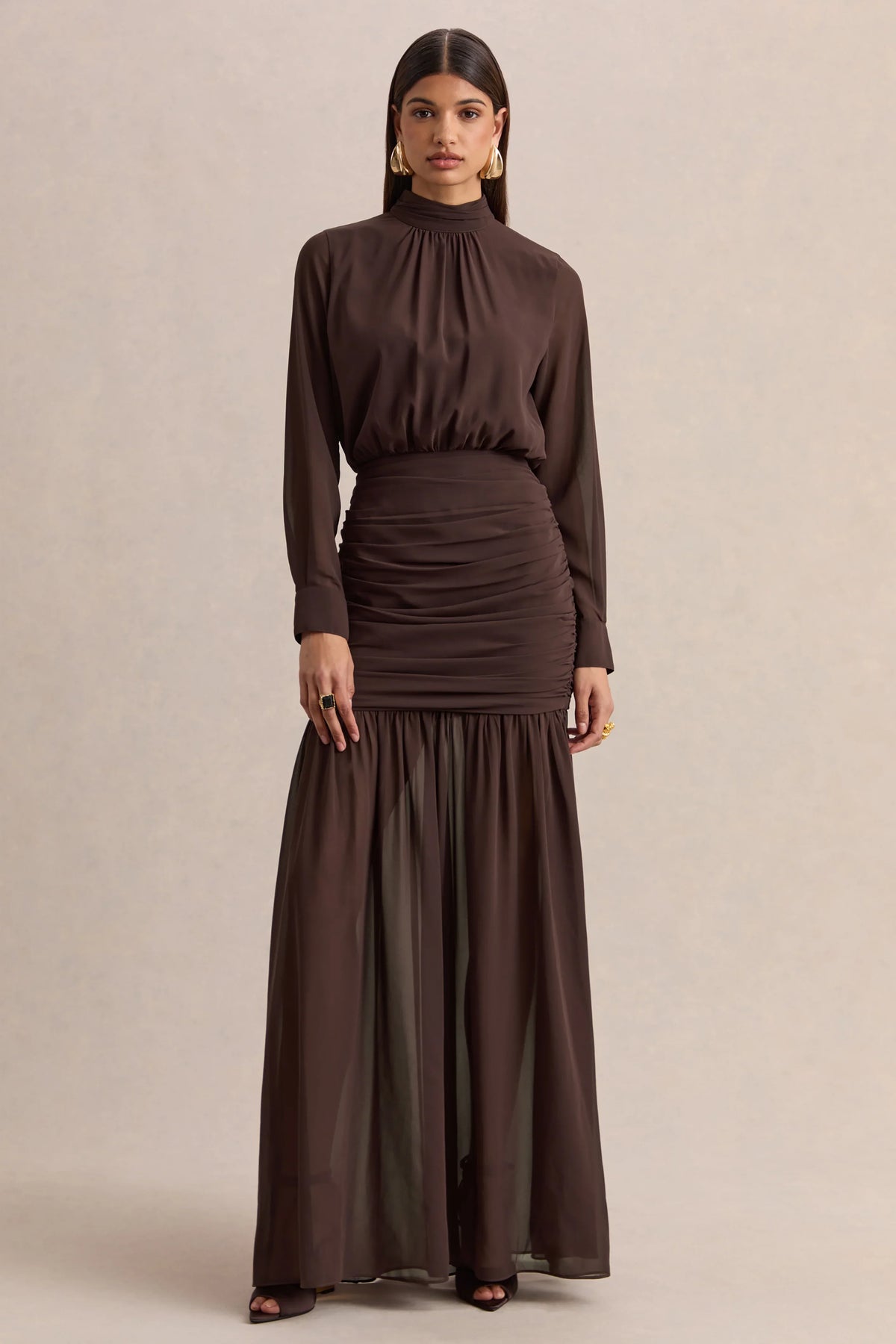 Zella Brown High Neck Maxi Dress With Sheer Skirt