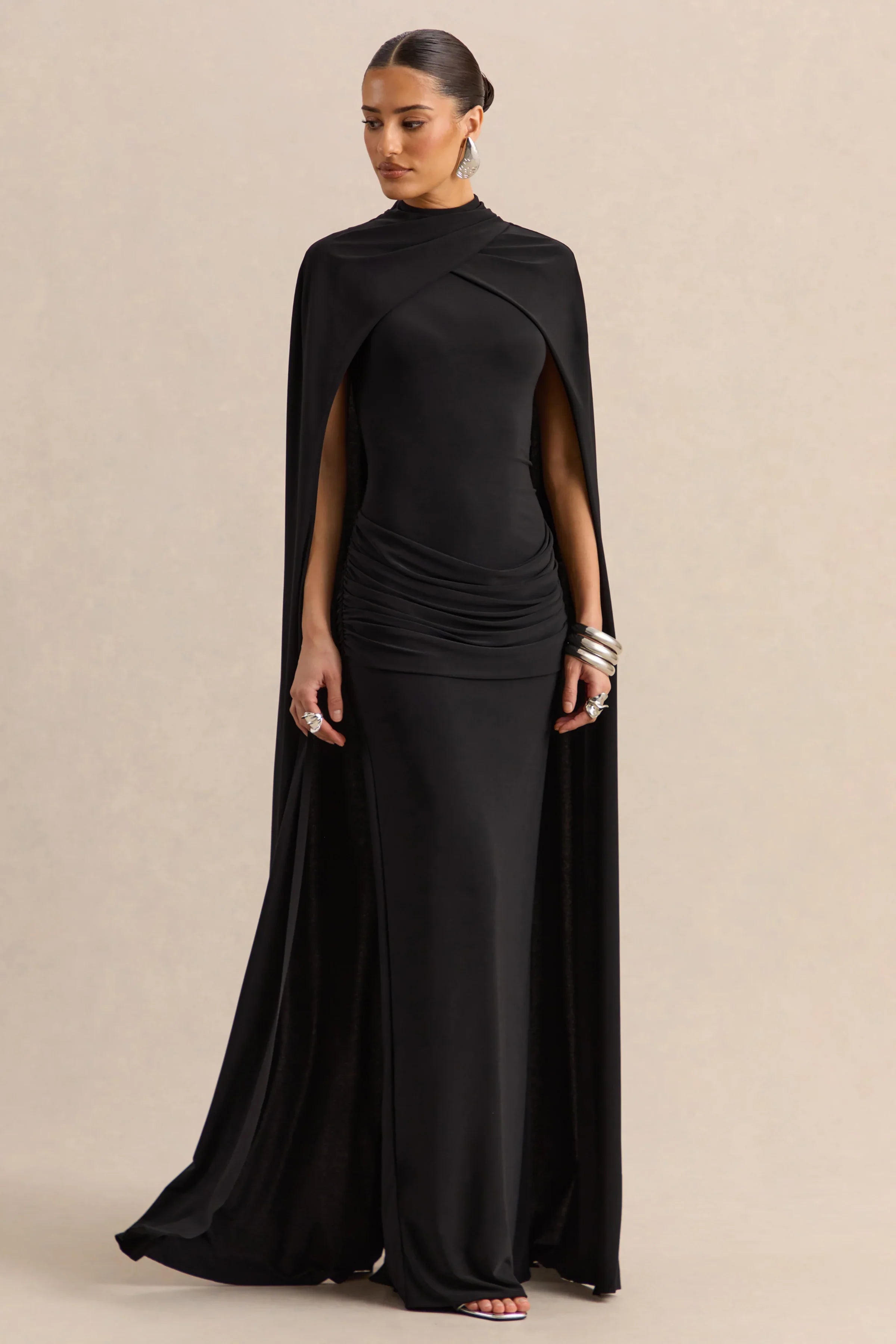Dianelle Black High Neck Maxi Dress With Cape Sleeves