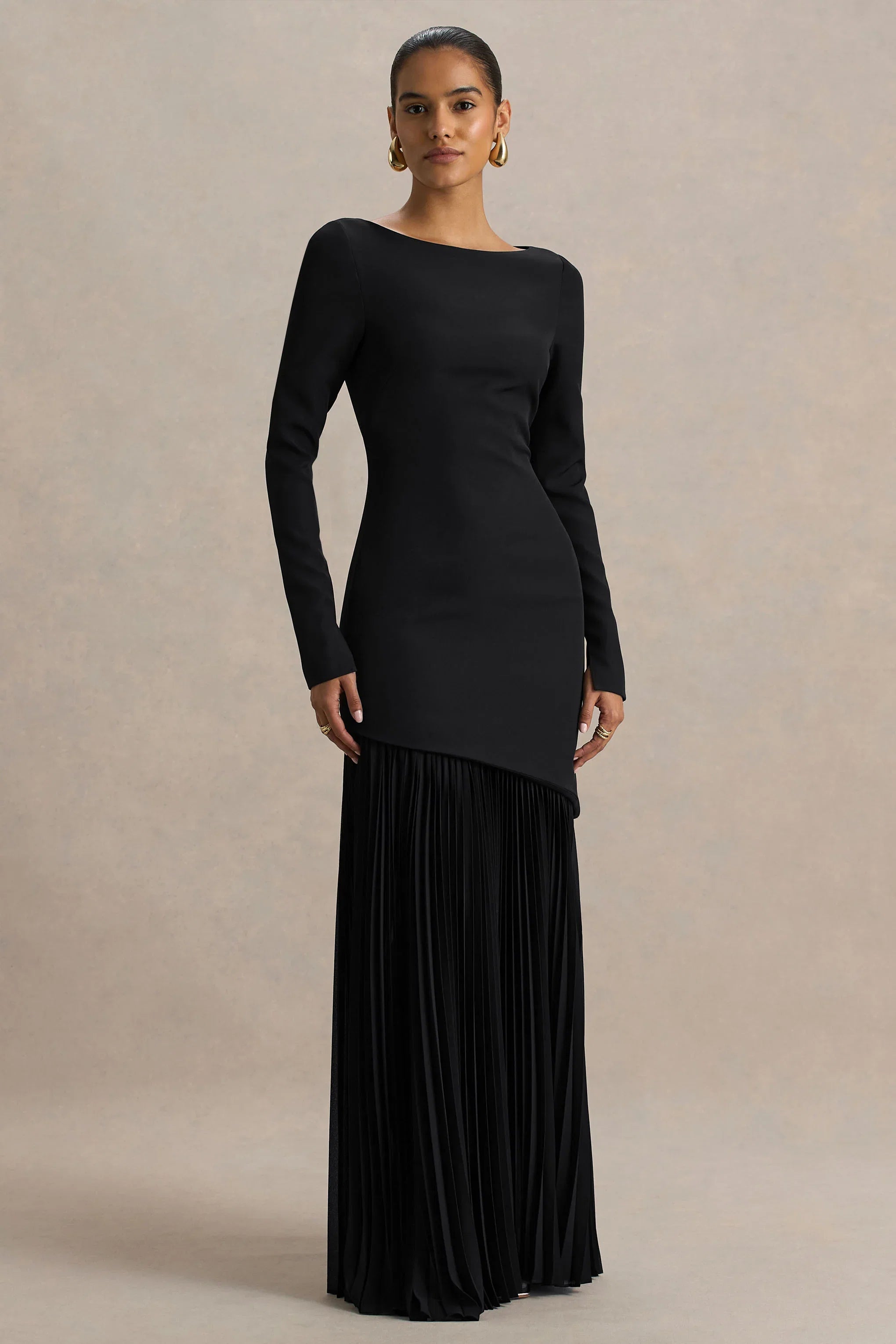 Yanira Black Crepe And Georgette Boat Neck Maxi Dress With Drop Waist