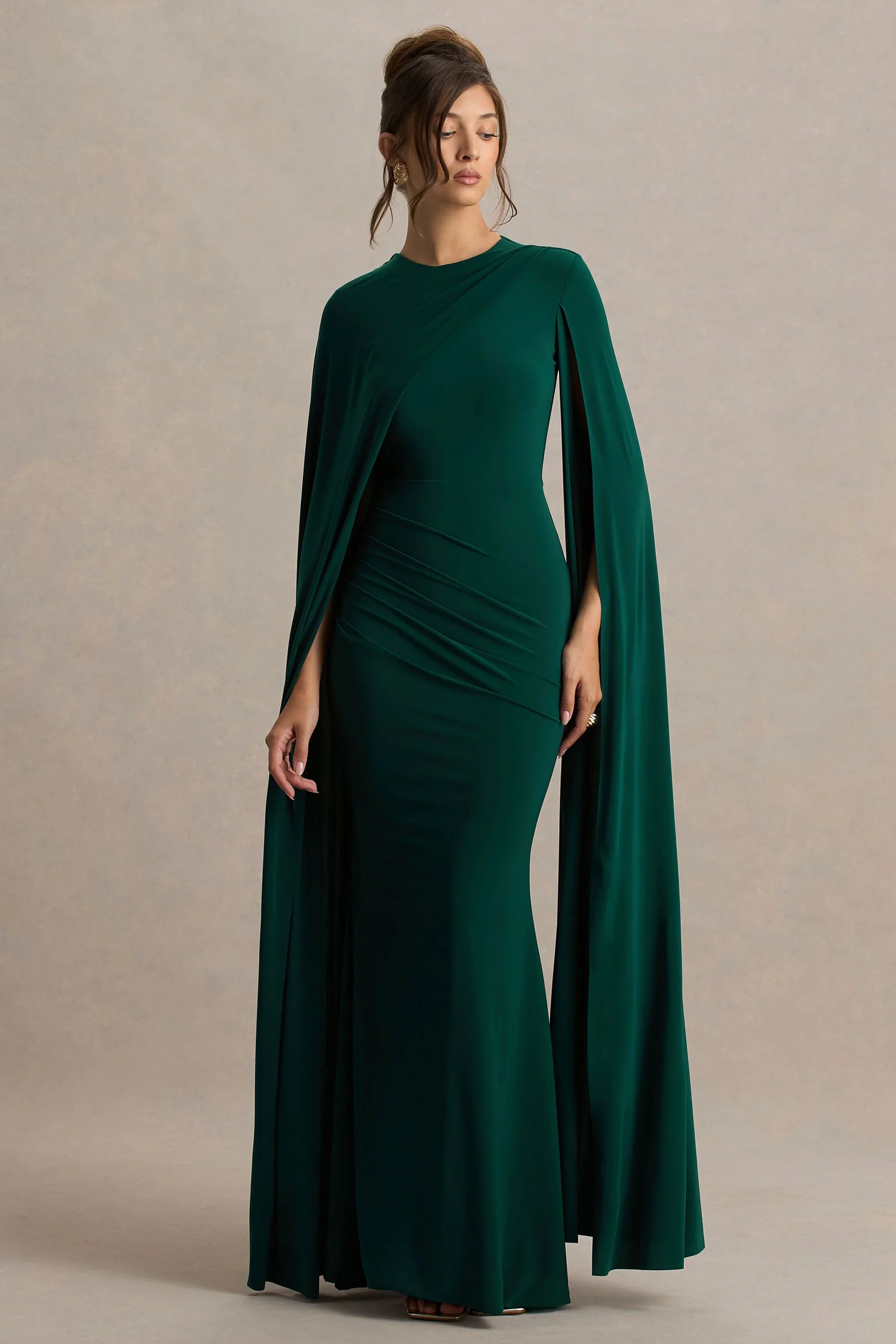Magdelena Bottle Green Asymmetric Cape Maxi Dress