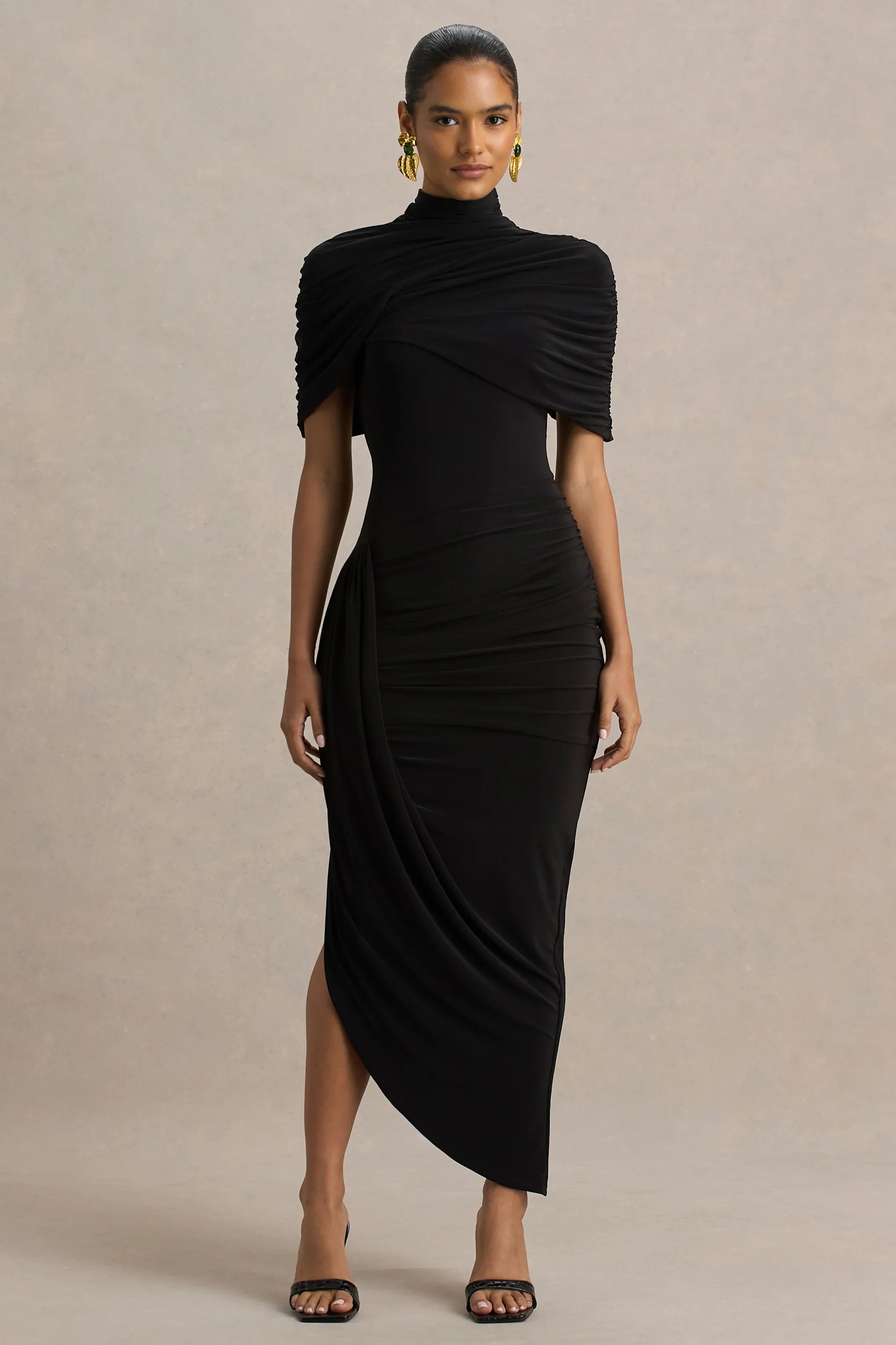 Enchant Black Asymmetric Twisted Cape Midi Dress