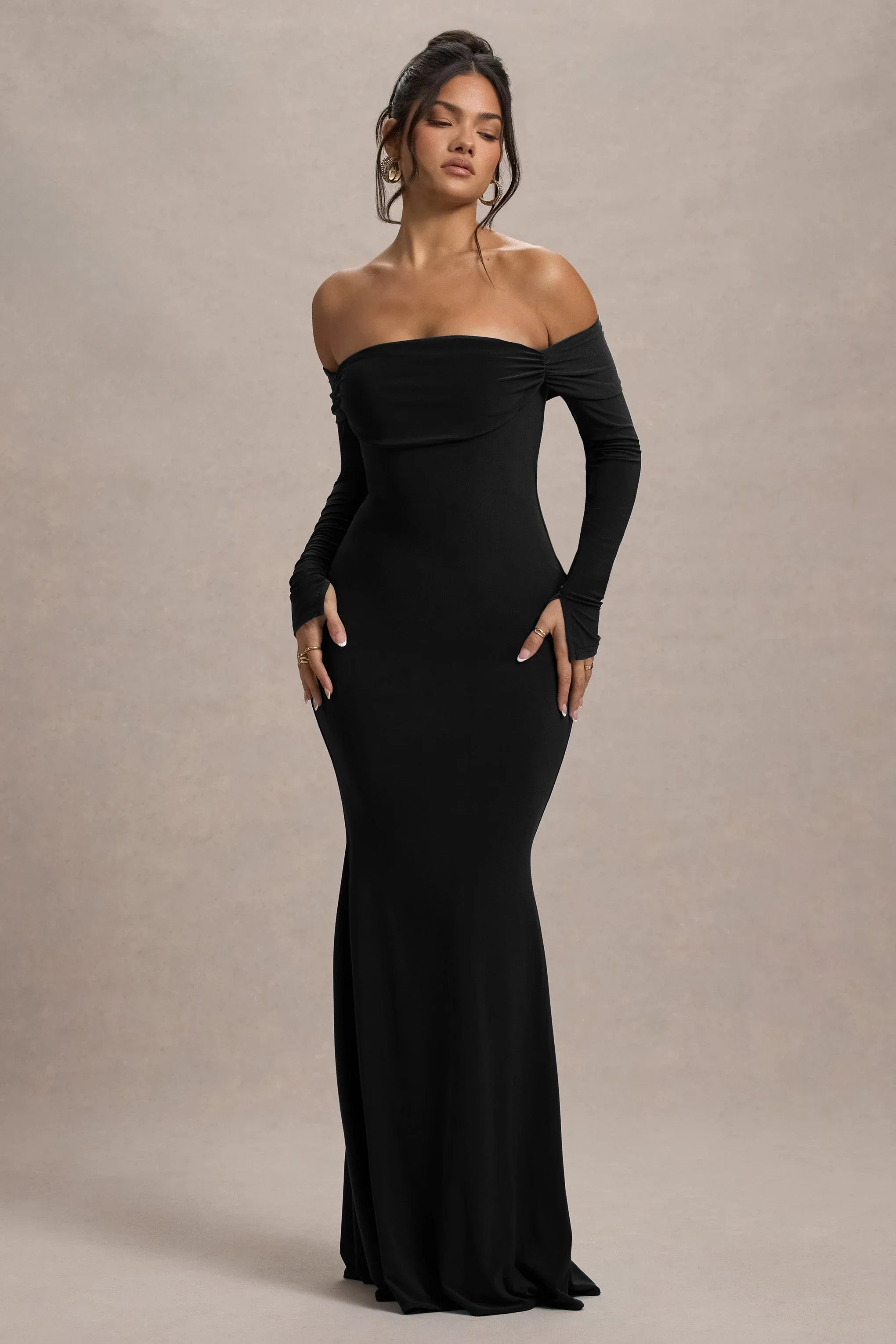 Amaia Black Bardot Long Sleeve Maxi Dress