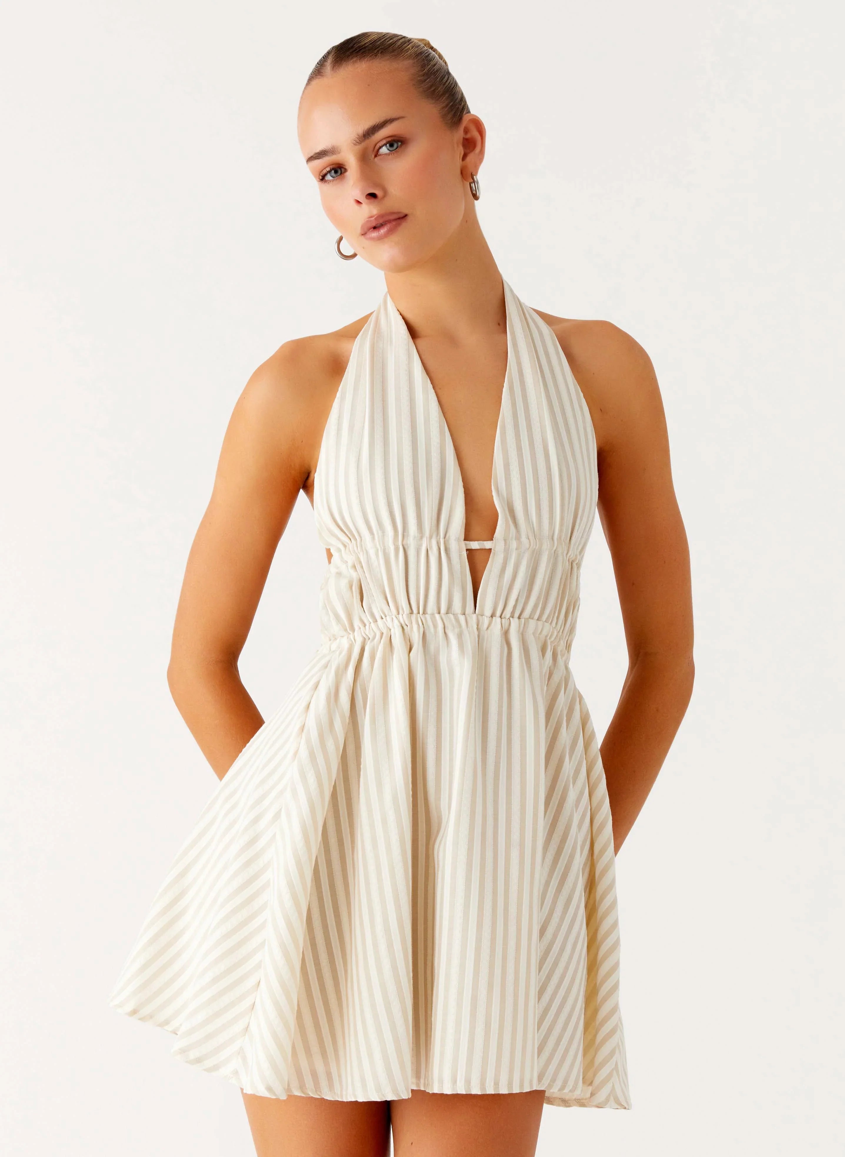 Figaro Halter Mini Dress Taupe Stripe