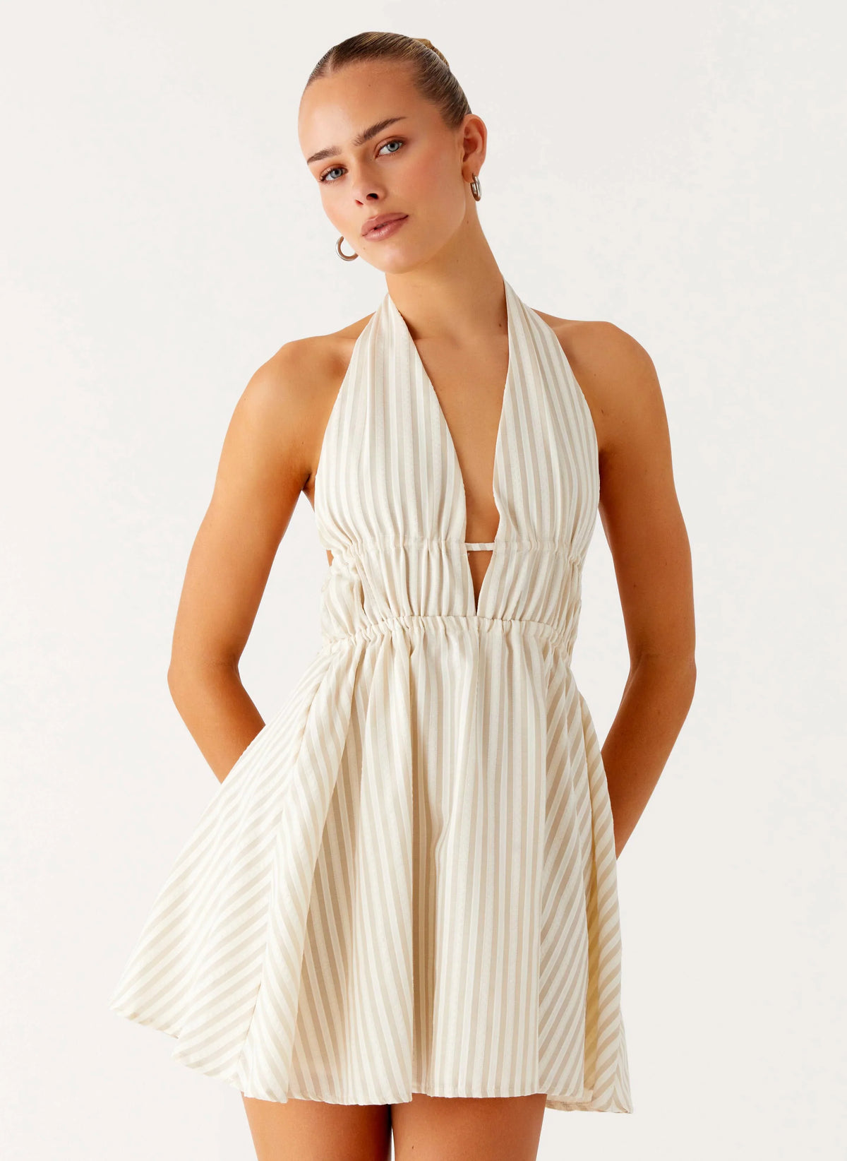 Figaro Halter Mini Dress Taupe Stripe