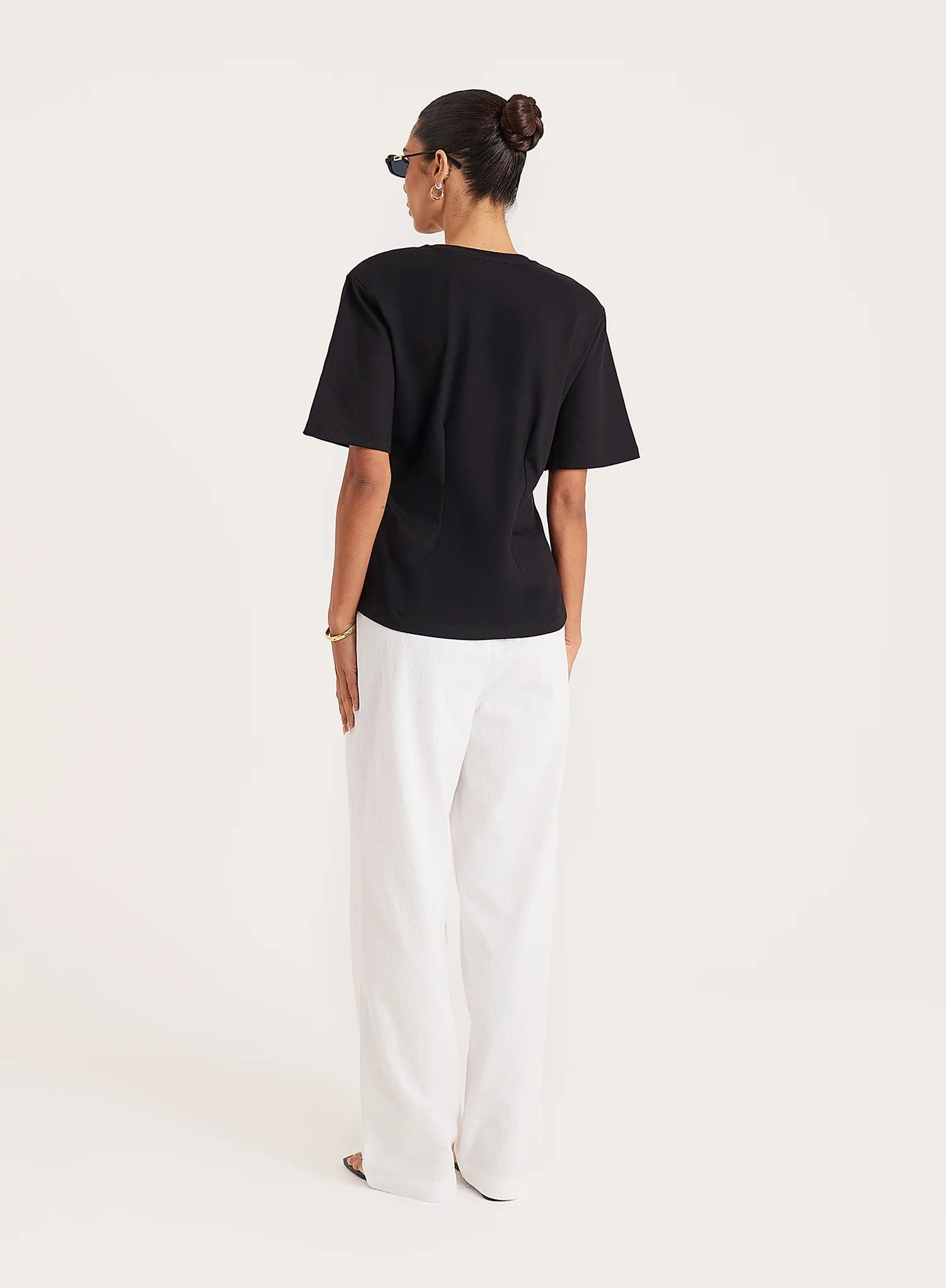 Black Shoulder Pad Cinched Waist T Shirt