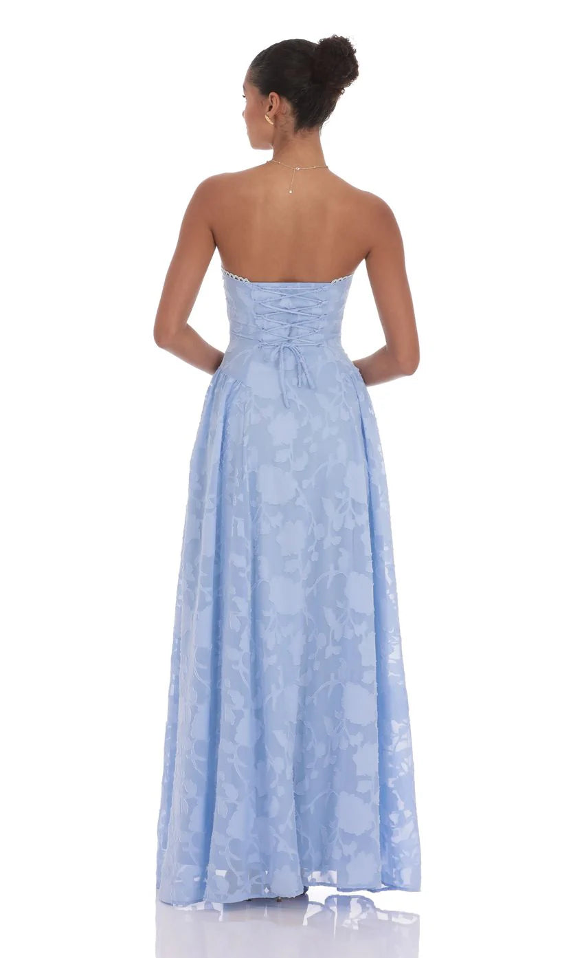 Floral Lace Up Maxi Dress in Light Blue