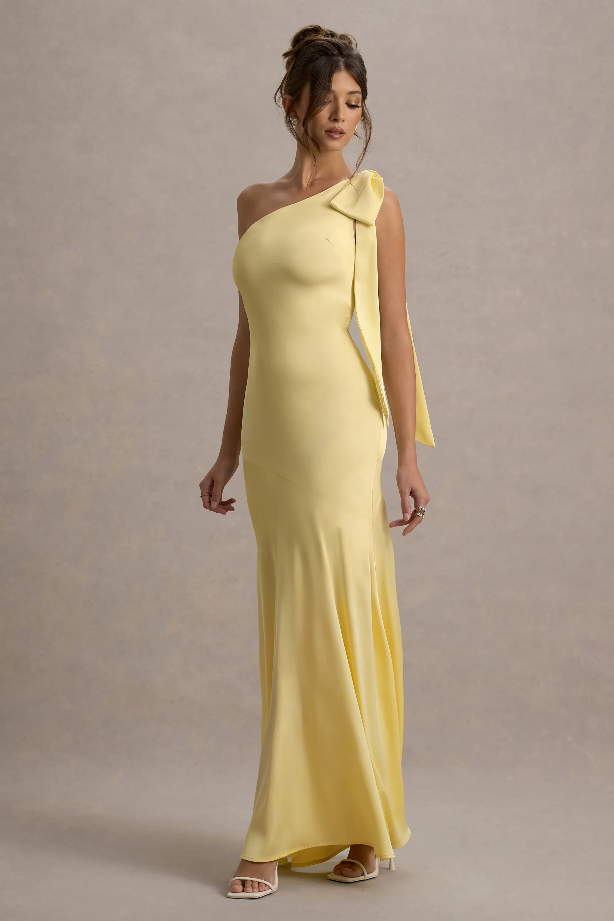 Here For Love Pale Lemon Satin Asymmetric Maxi Dress With Bow