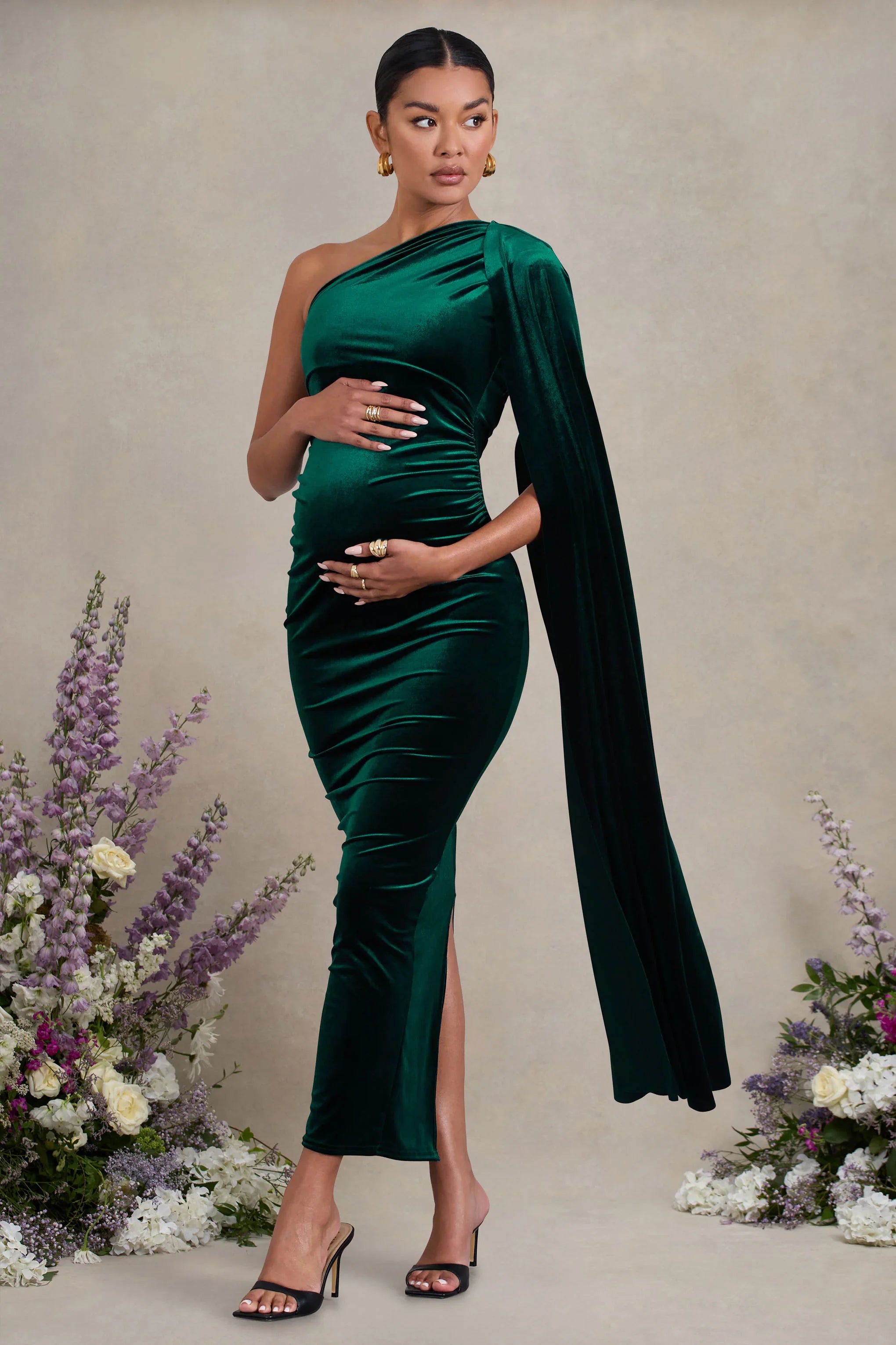 Amaryllis Bottle Green Velvet Maternity One Shoulder Maxi Dress with Cape Sleeve