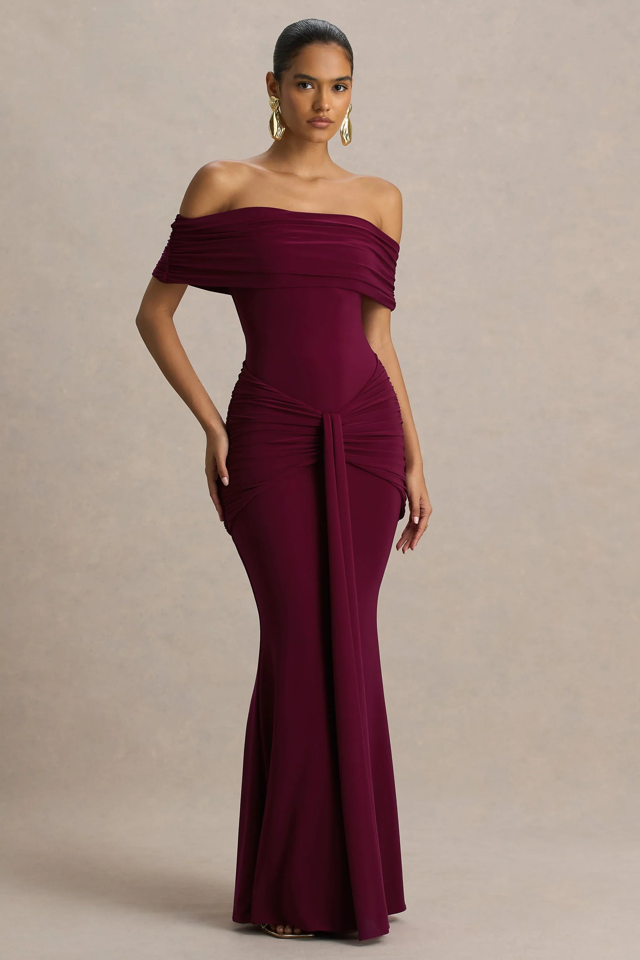 Envisioned Burgundy Bardot Neck Maxi Dress With Gathered And Drape Detail