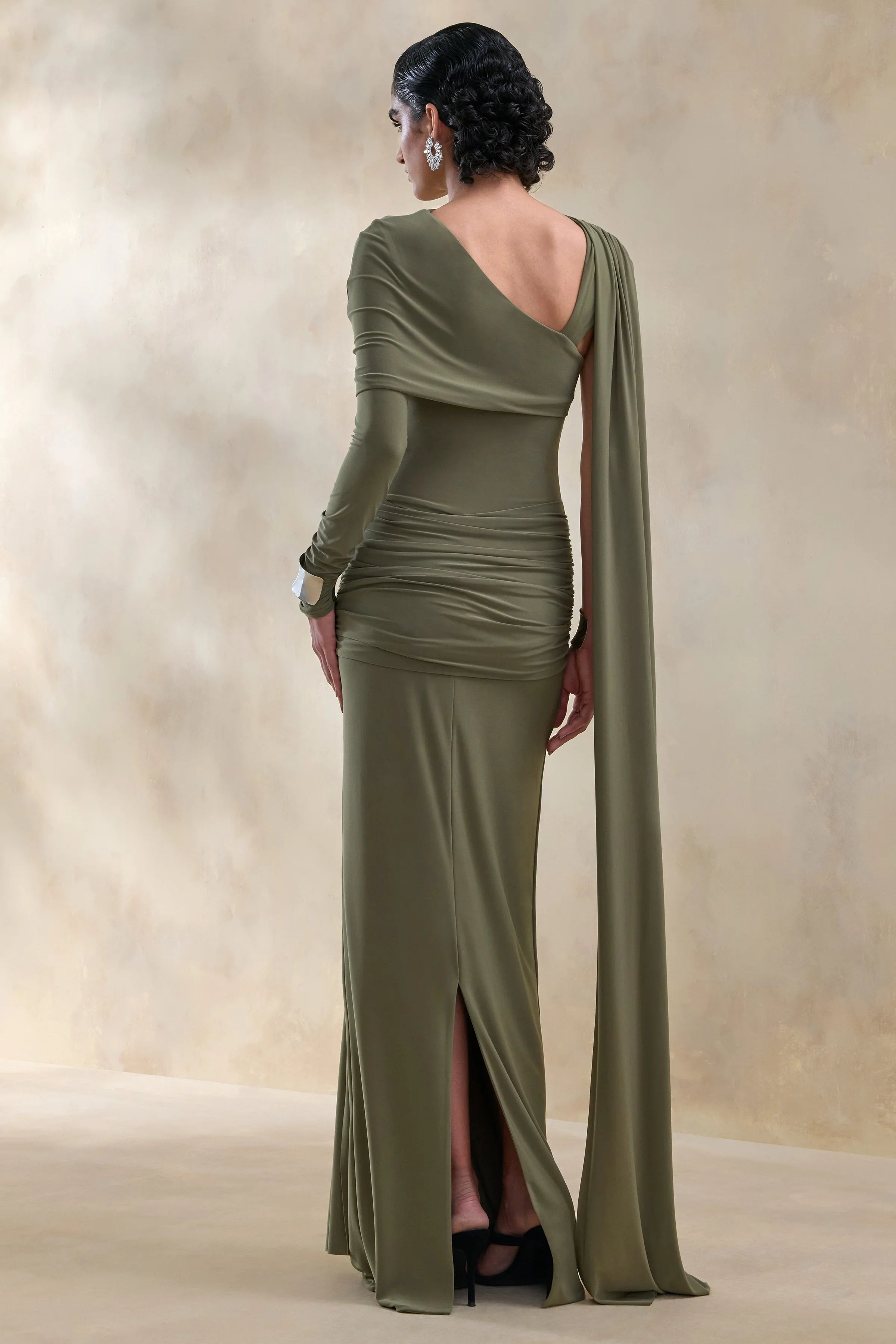 Trisara Olive Asymmetric Neck Maxi Dress With Gathered Detailing And Sash