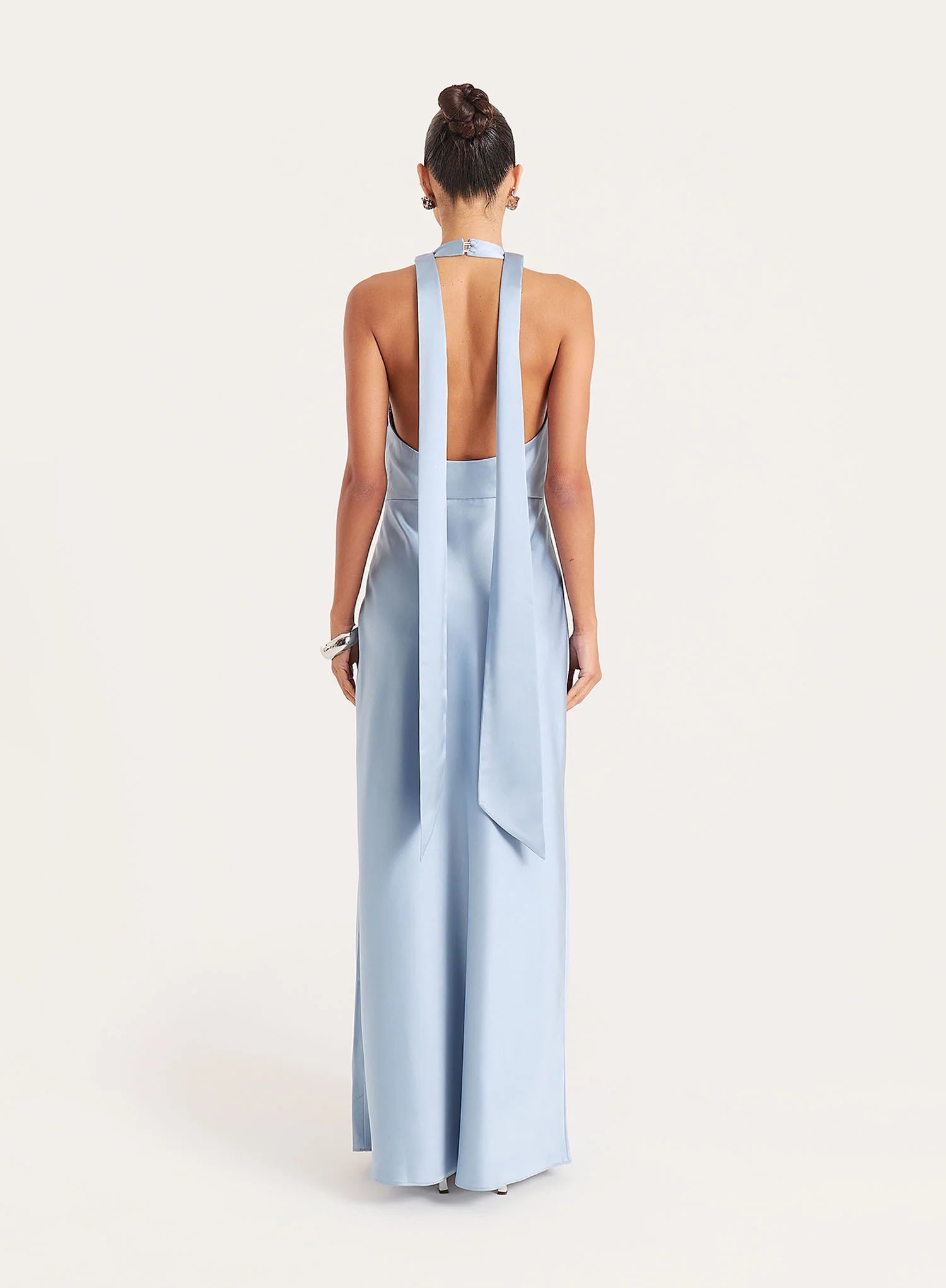 Light Blue Satin Cowl Neck Maxi Dress
