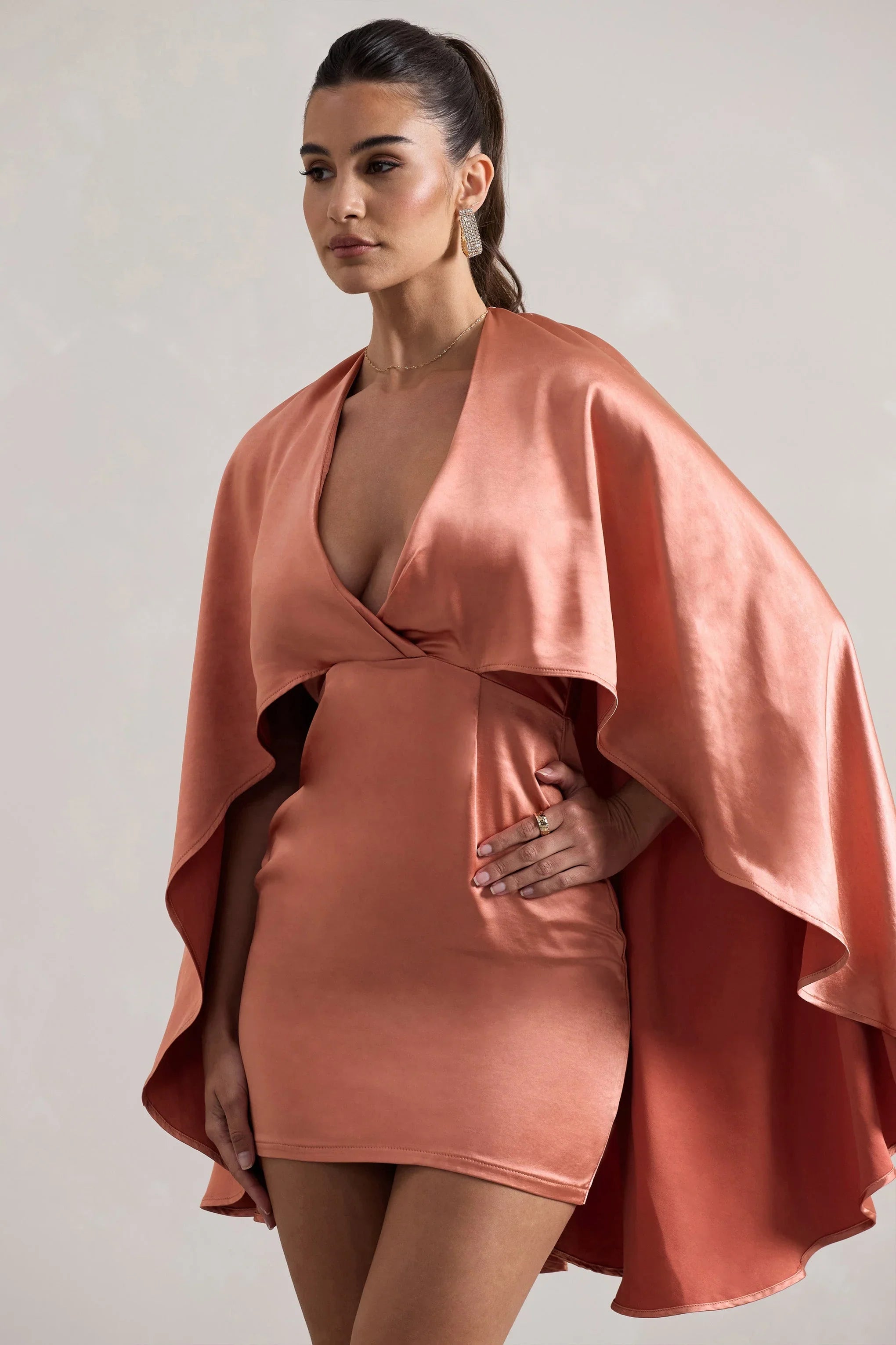 Olsen Coral Satin Plunge Neck Cape Mini Dress