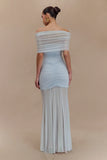 Caspian Slinky And Mesh Off Shoulder Maxi Dress Pale Blue