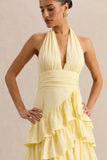 Velora Lemon Asymmetric Midi Dress With Tiered Ruffled Skirt