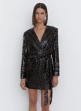 Black Sequin Tie Waist Mini Dress
