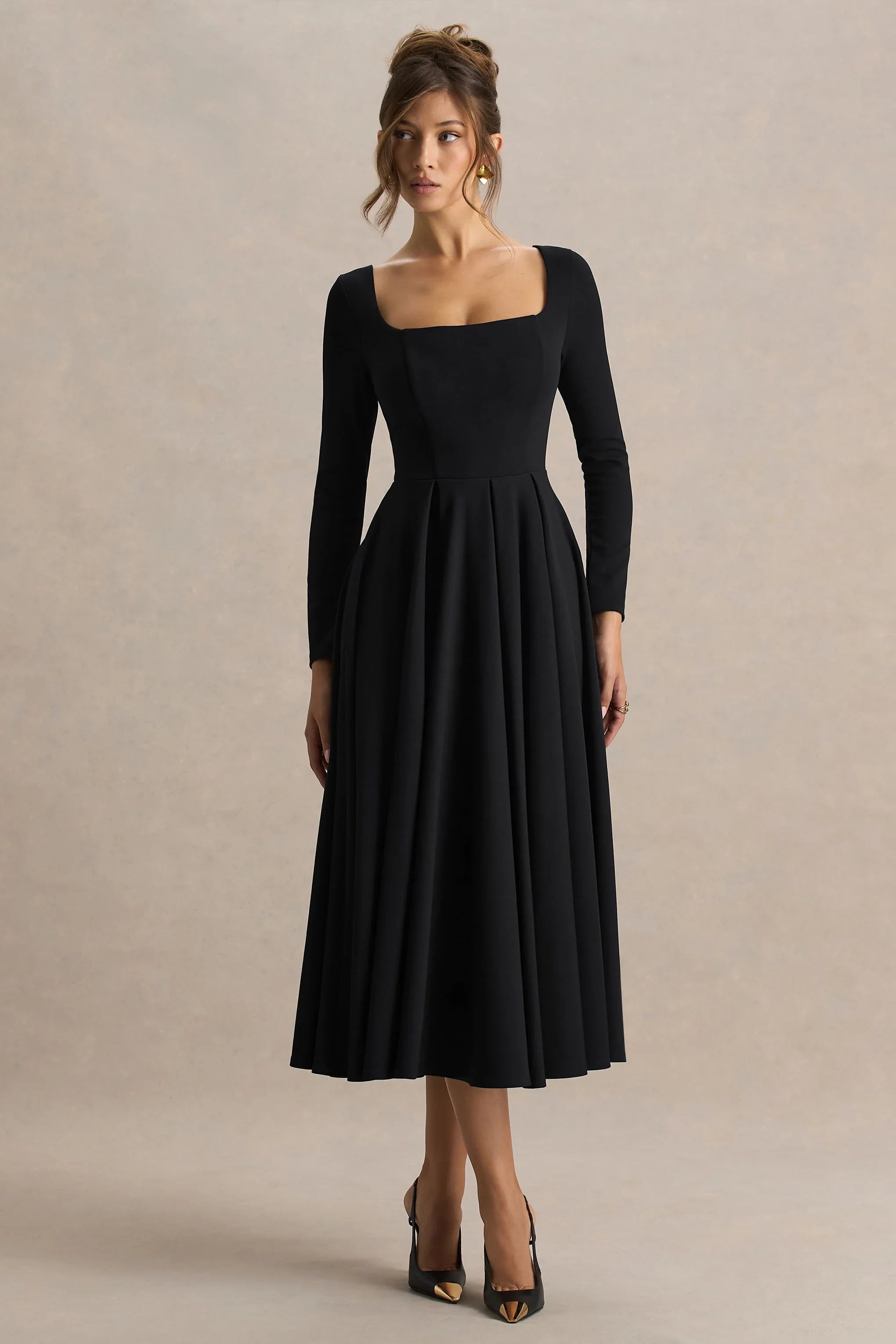 Alison Black Square Neck A Line Midi Dress