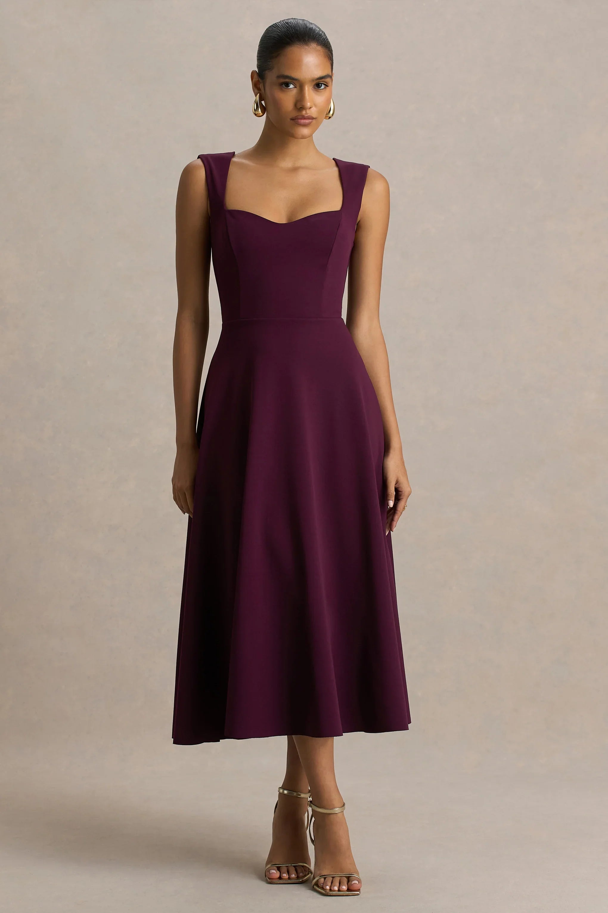Andromeda Burgundy Sweetheart Neck Midi Dress
