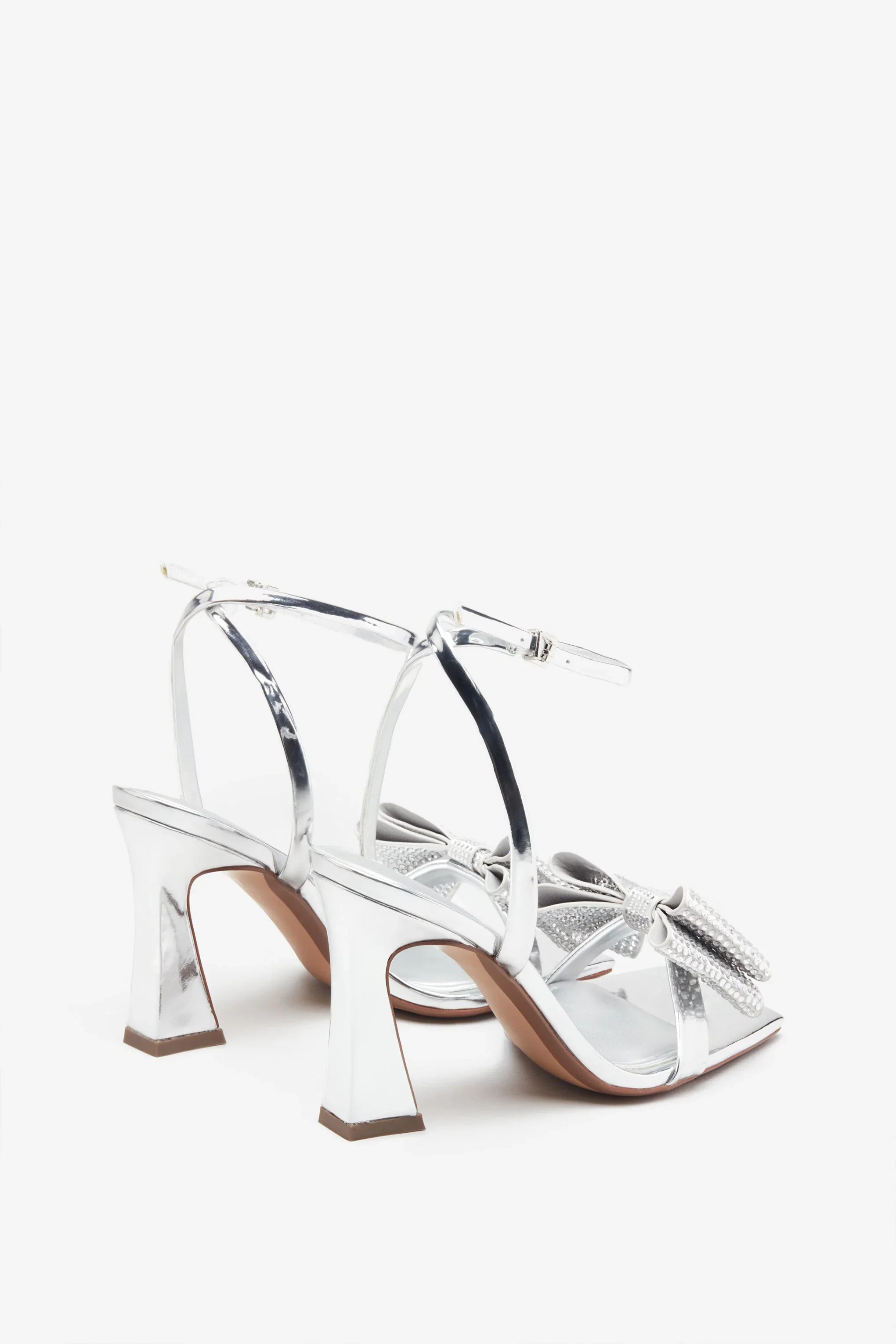 Headlines Silver Ankle Strap Heeled Sandals With Diamante Bows