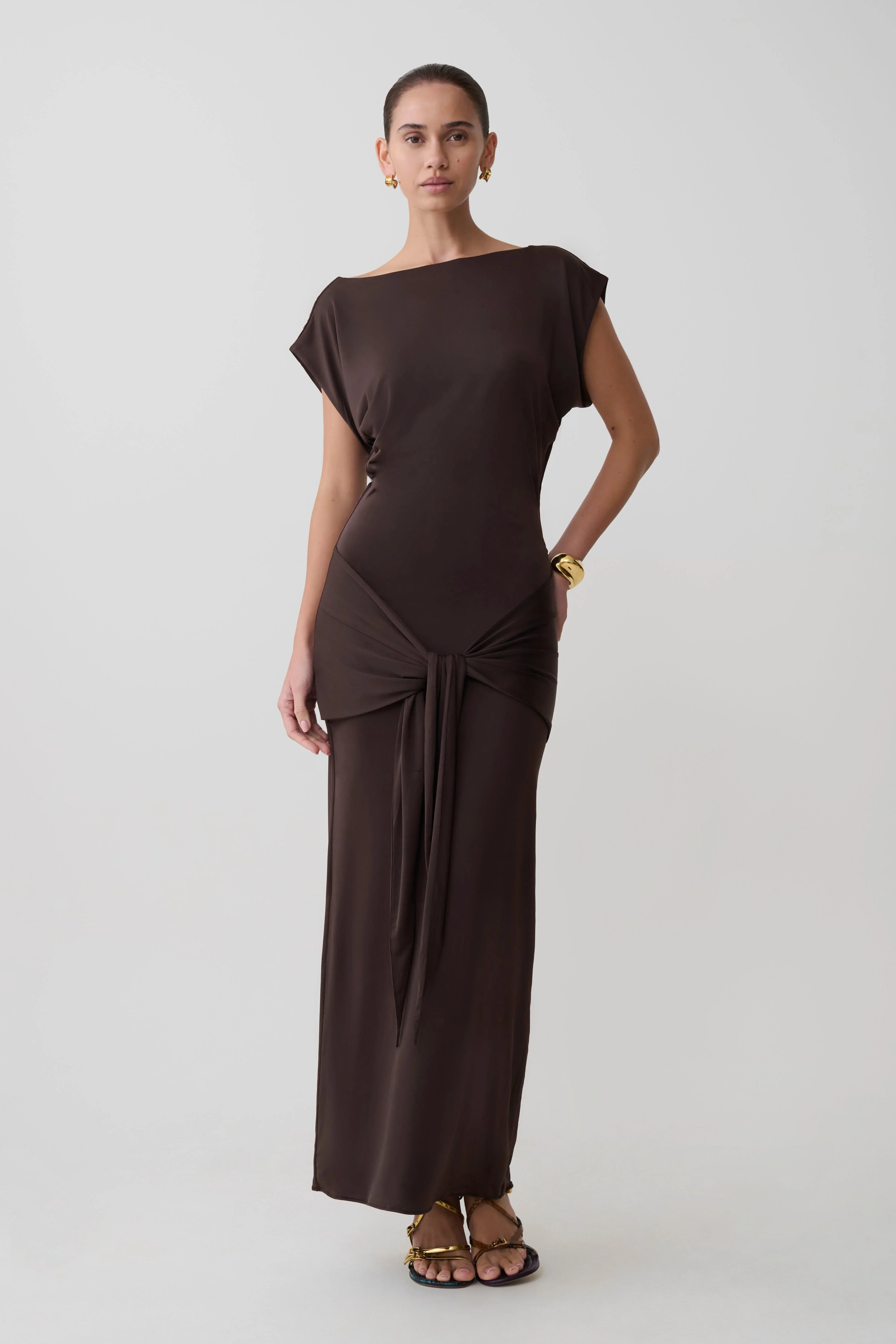 Maiara Shortsleeve Slinky Tie Maxi Dress Chocolate