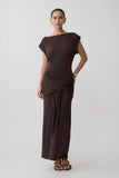 Maiara Shortsleeve Slinky Tie Maxi Dress Chocolate