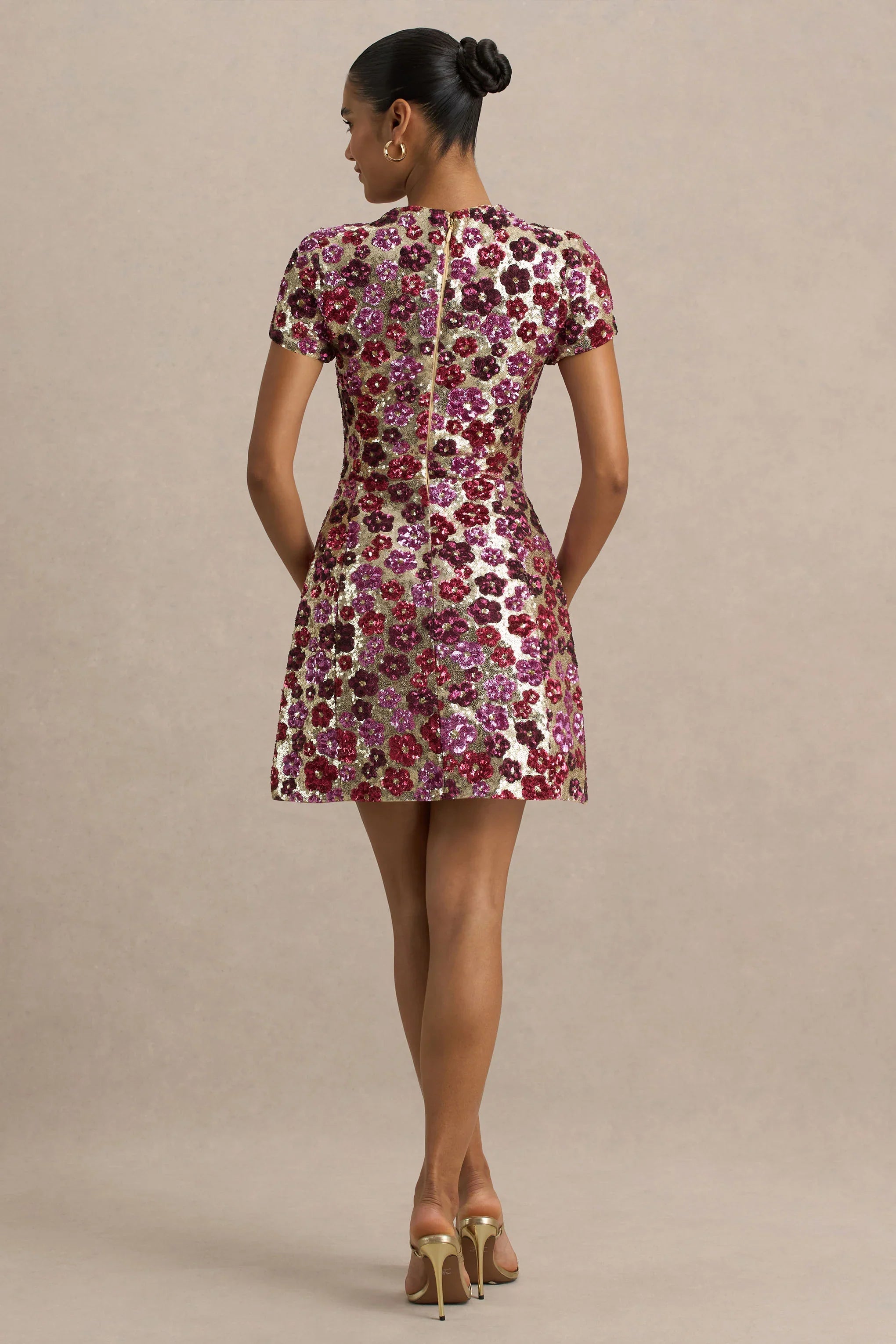 Eira Pink Floral Embellished Sequin Crew Neck Mini Dress