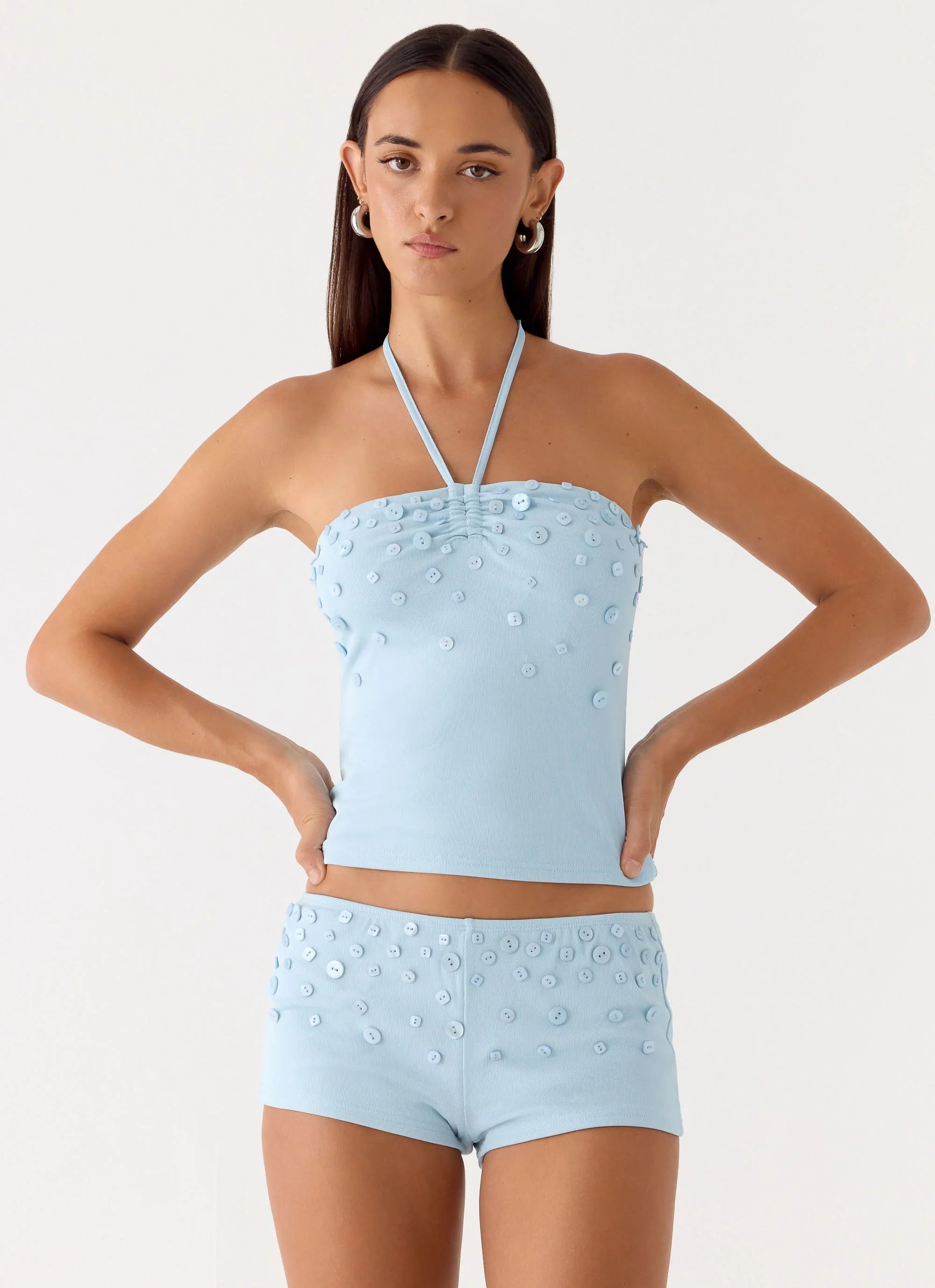 Bonita Button Mini Shorts Pale Blue