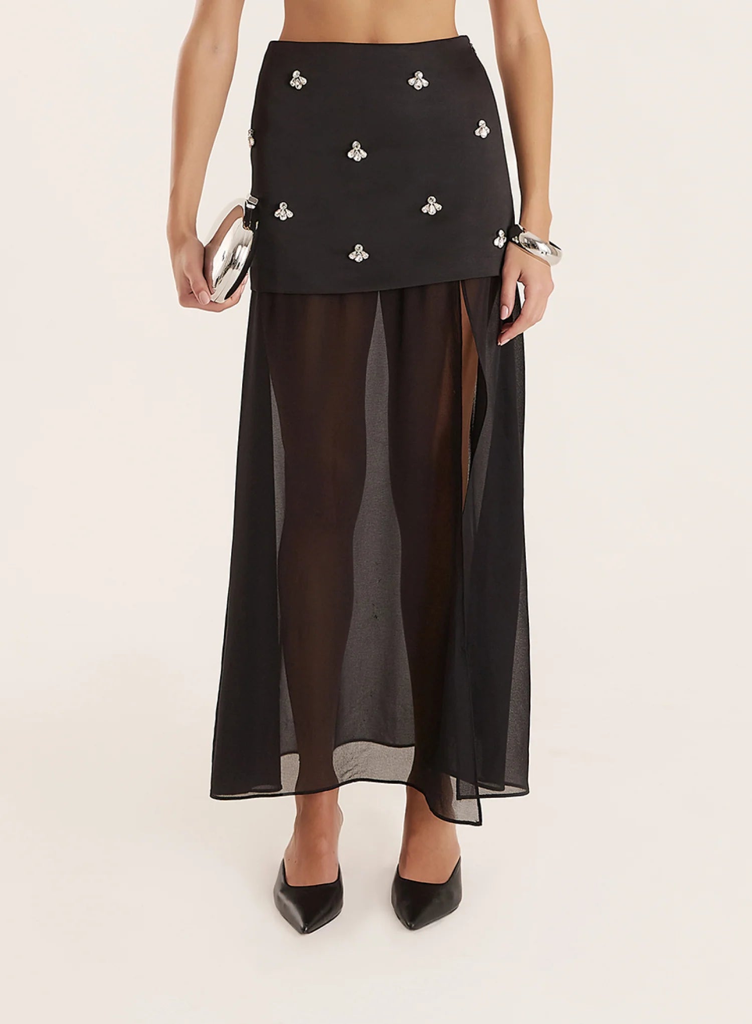 Black Embellished Mesh Hem Midi Skirt