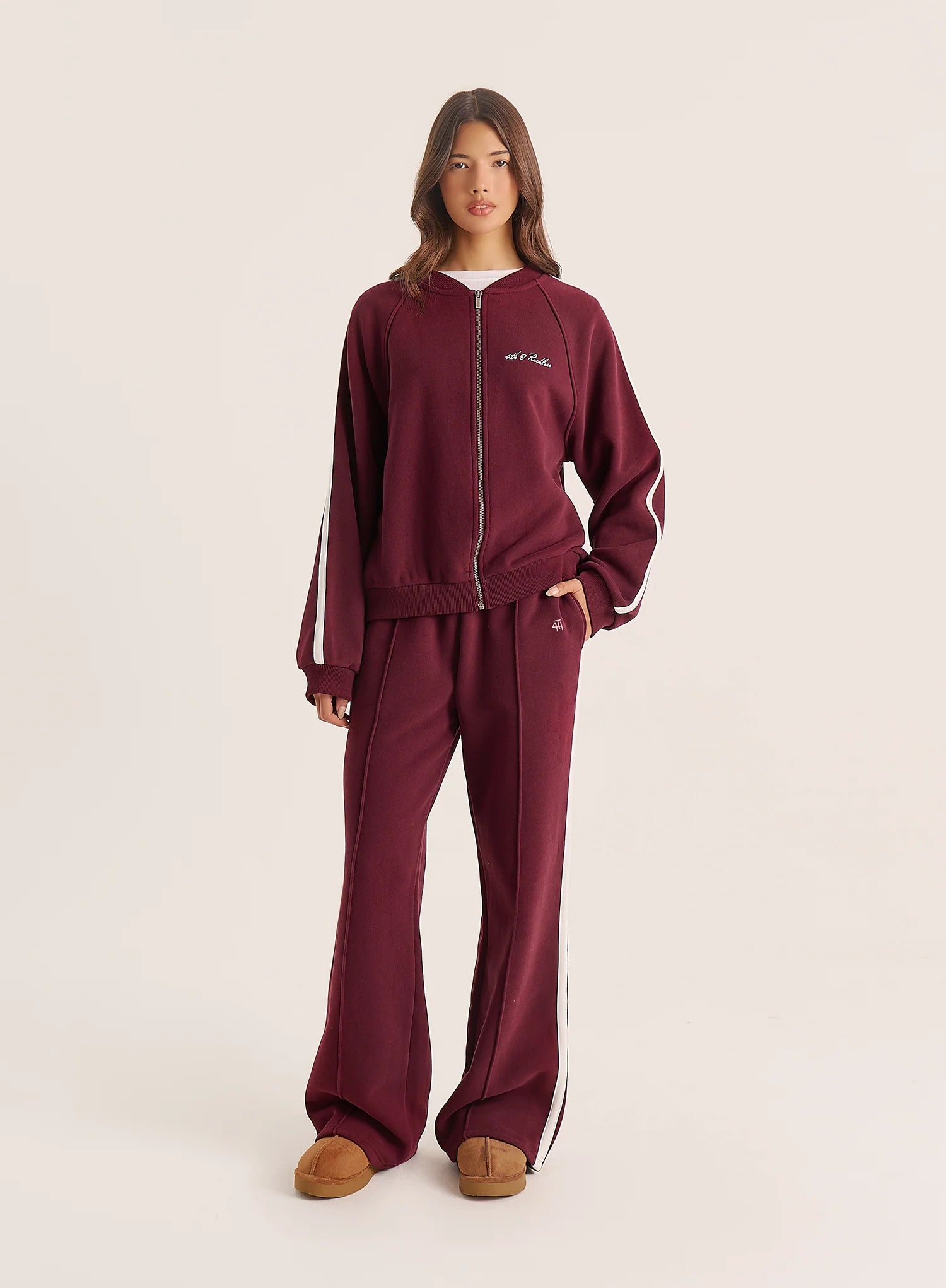 Burgundy Contrast Stripe Zip Bomber Jacket