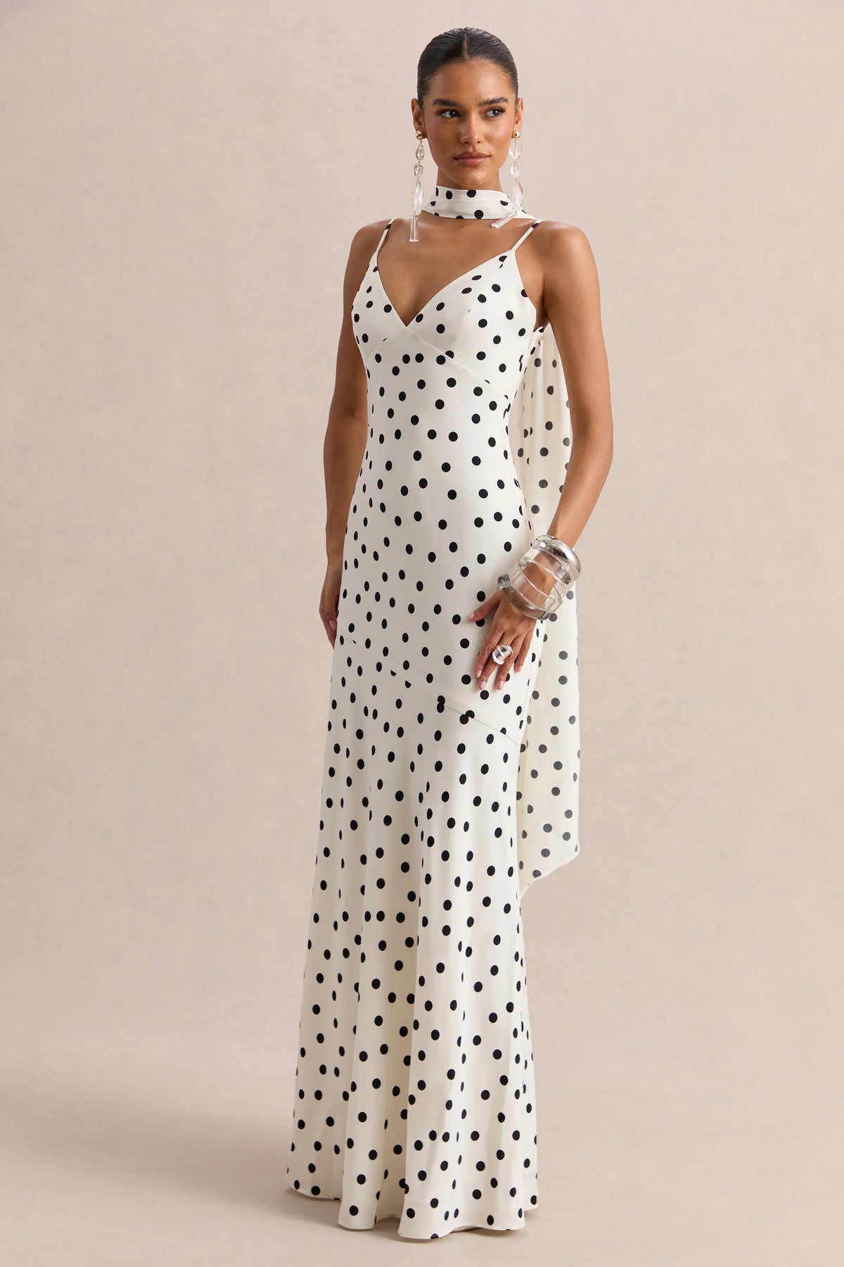 Starling White Black Polka Dot Matte Satin Plunge Neck Maxi Dress With Scarf Detail