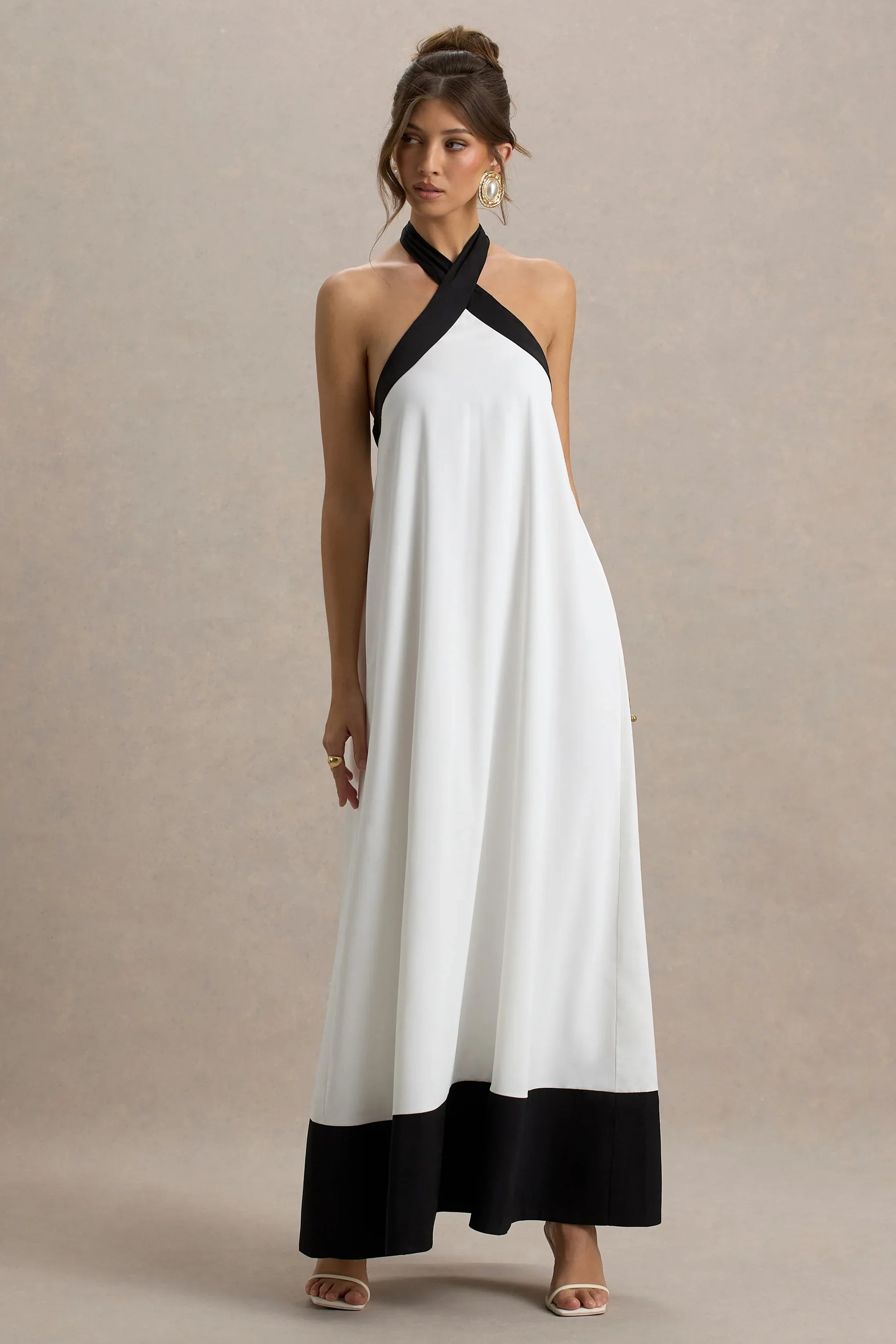 Clarabella White Black Halter Neck Maxi Dress