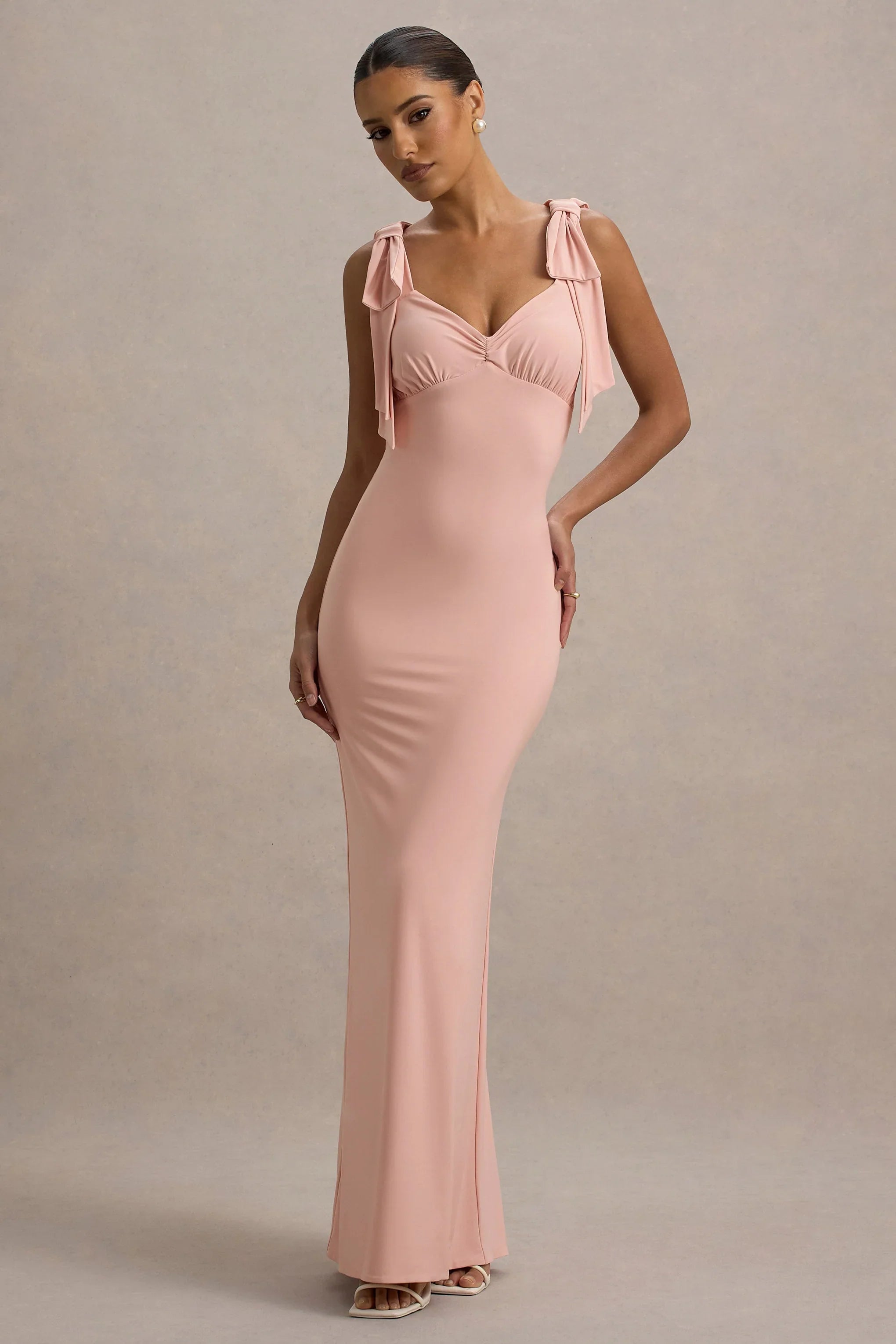 Evanna Pink V Neck Maxi Dress With Bow Straps