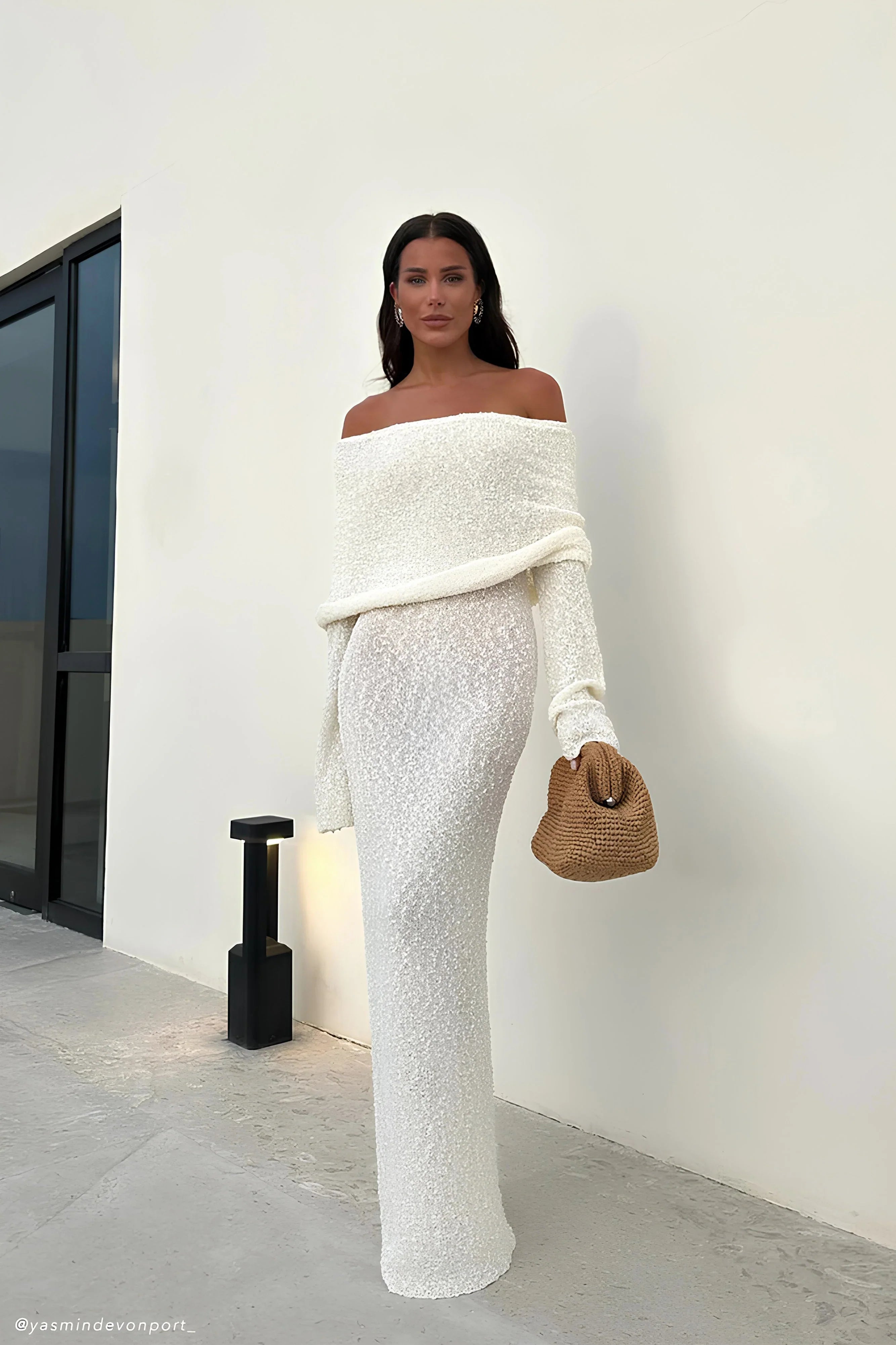 Marisol Off Shoulder Boucle Maxi Dress Ivory