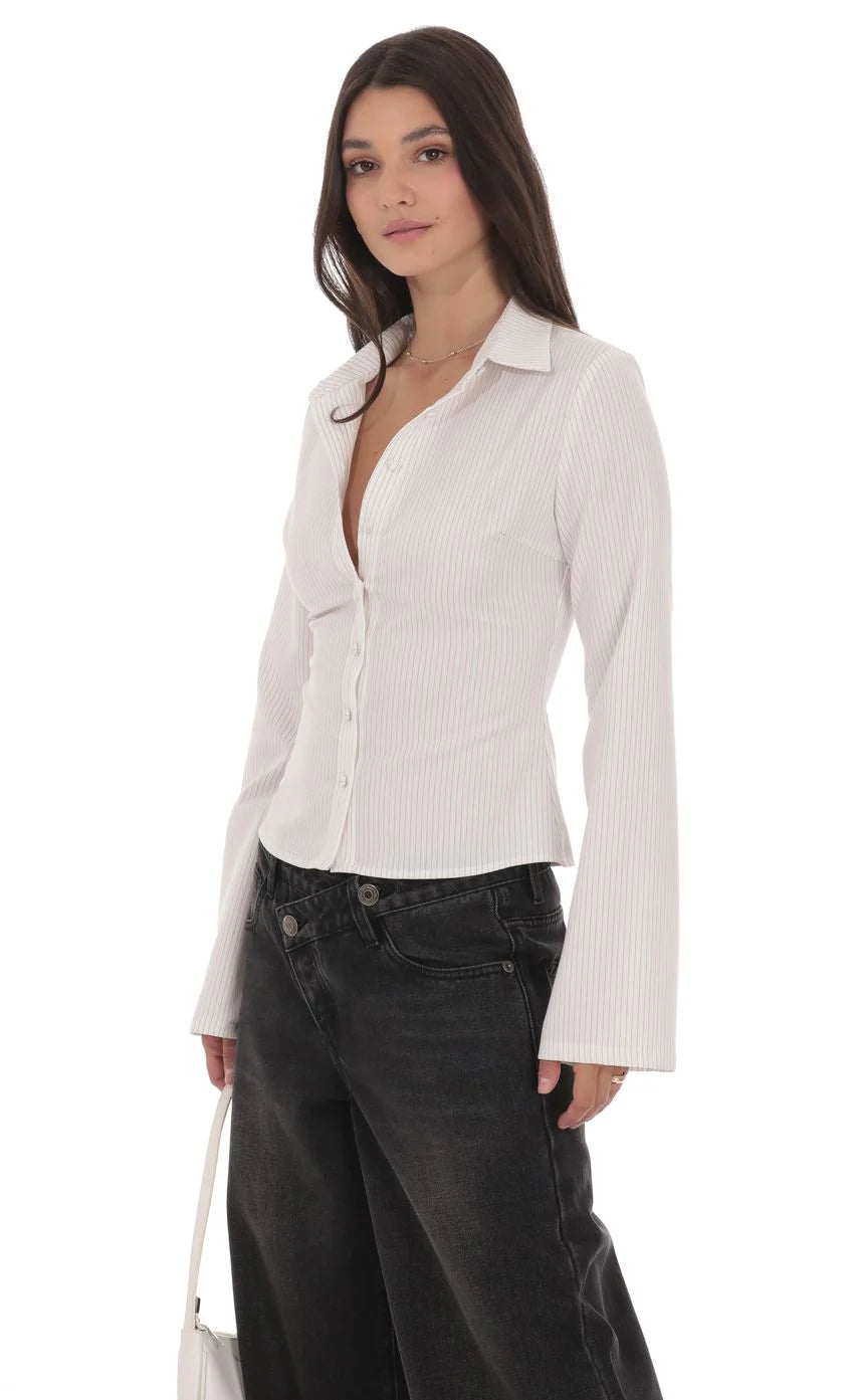 Pinstripe Button Up Shirt in White