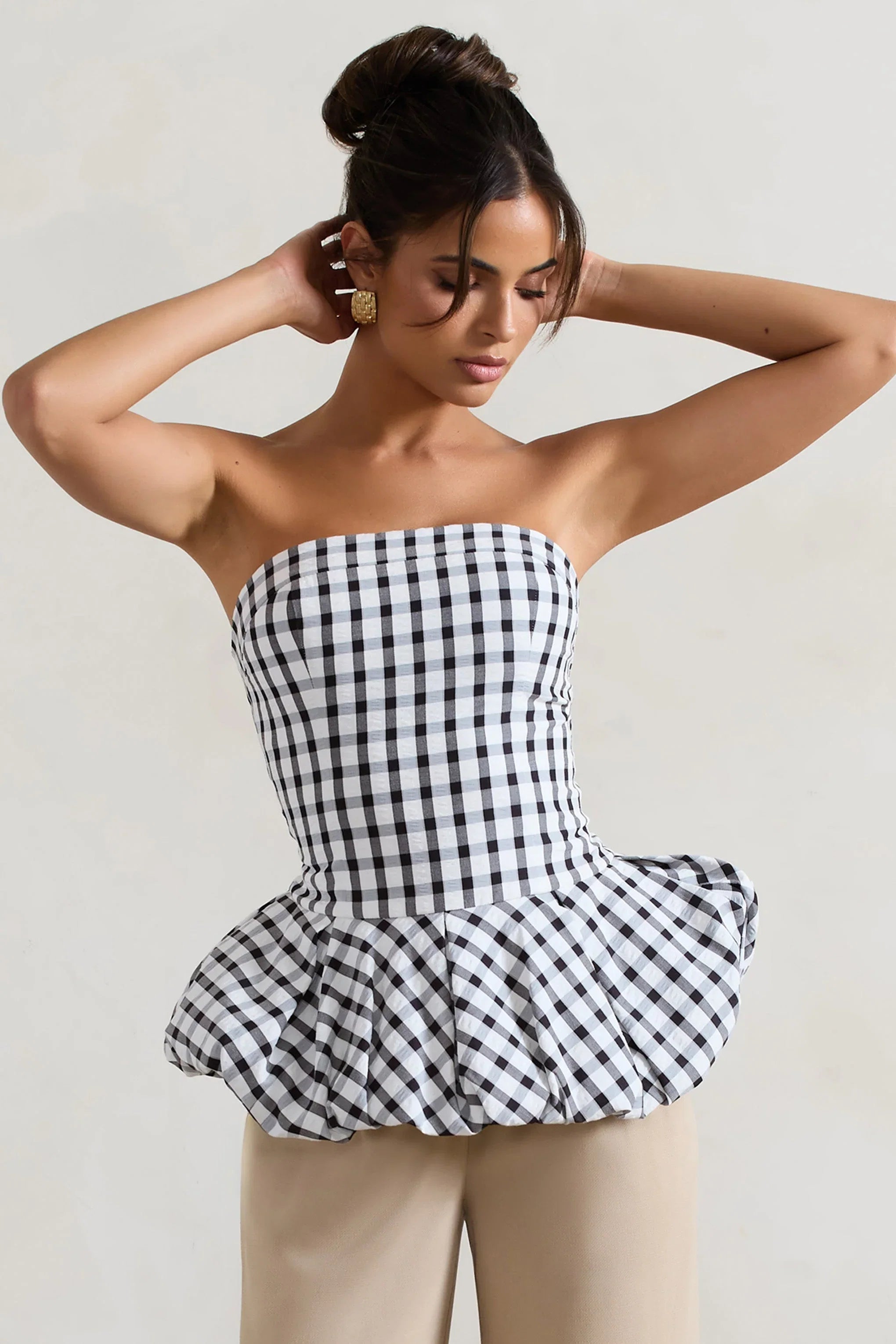 Roll With It Black White Gingham Bandeau Ruffle Top