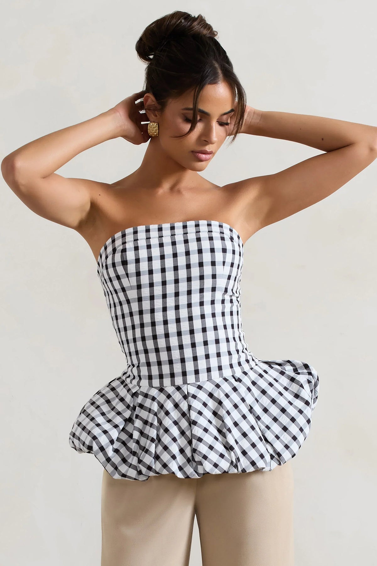 Roll With It Black White Gingham Bandeau Ruffle Top