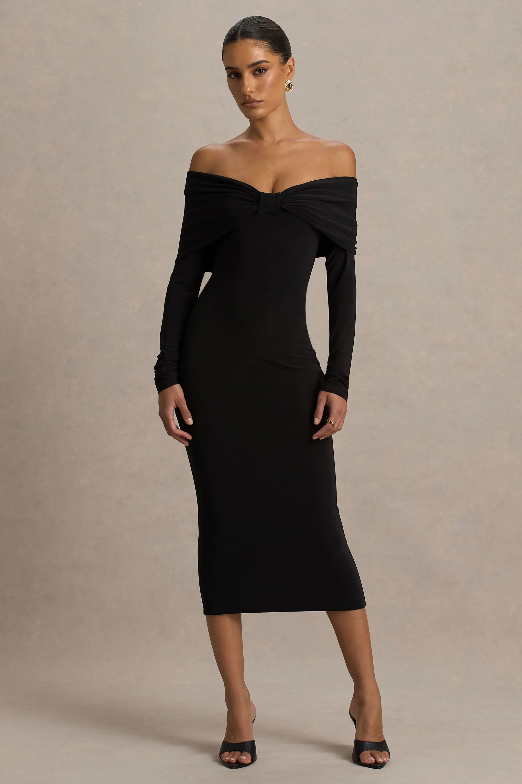 Spark Black Bardot Neck Midi Dress With Bow Detail