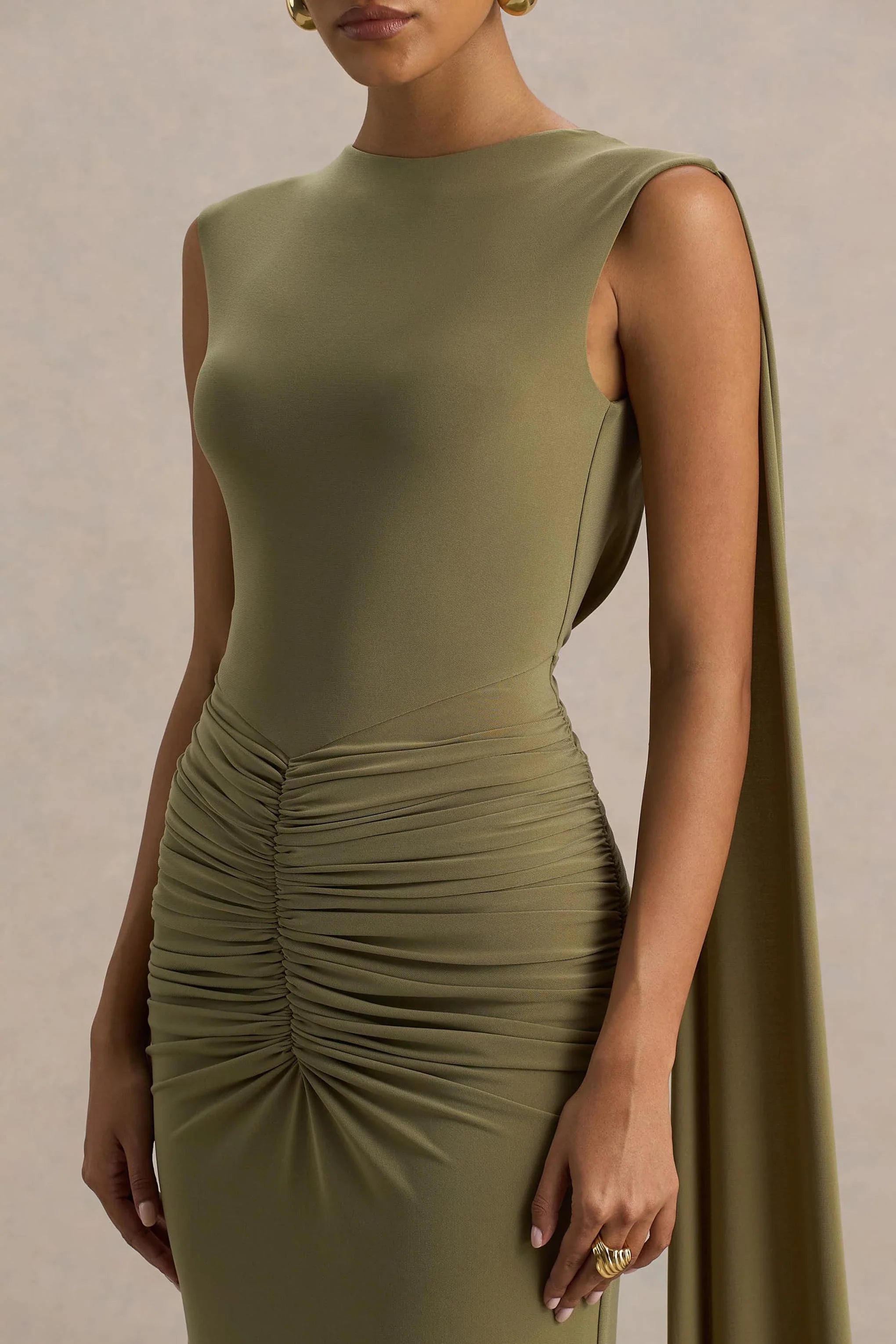 Premiere Olive Boat Neck Maxi Dress With Cape Sleeves And Open Back