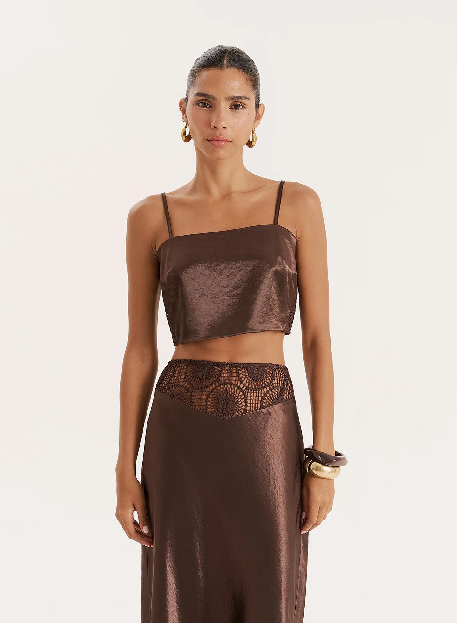 Chocolate Satin Crochet Panelled Crop Top