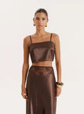 Chocolate Satin Crochet Panelled Crop Top