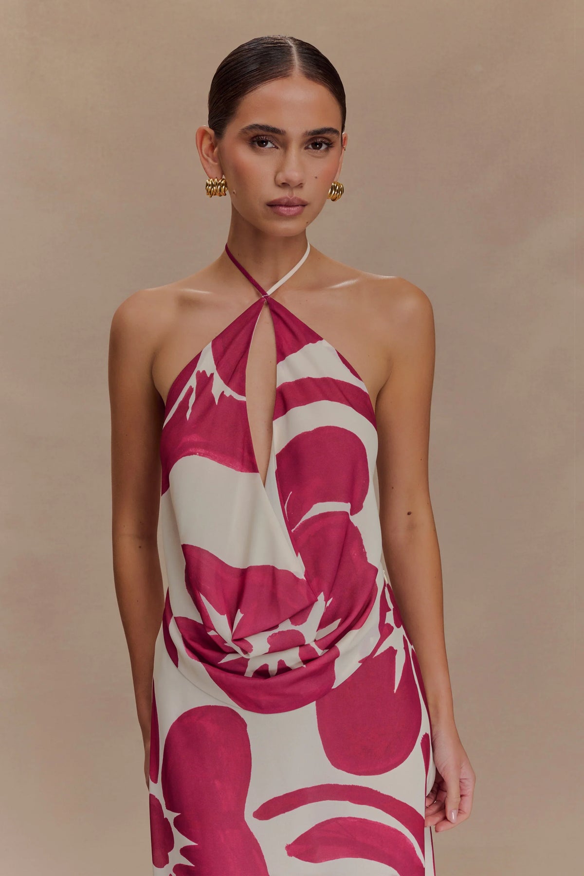 Katalina Chiffon Cowl Halter Top Red Deco Fleur Print