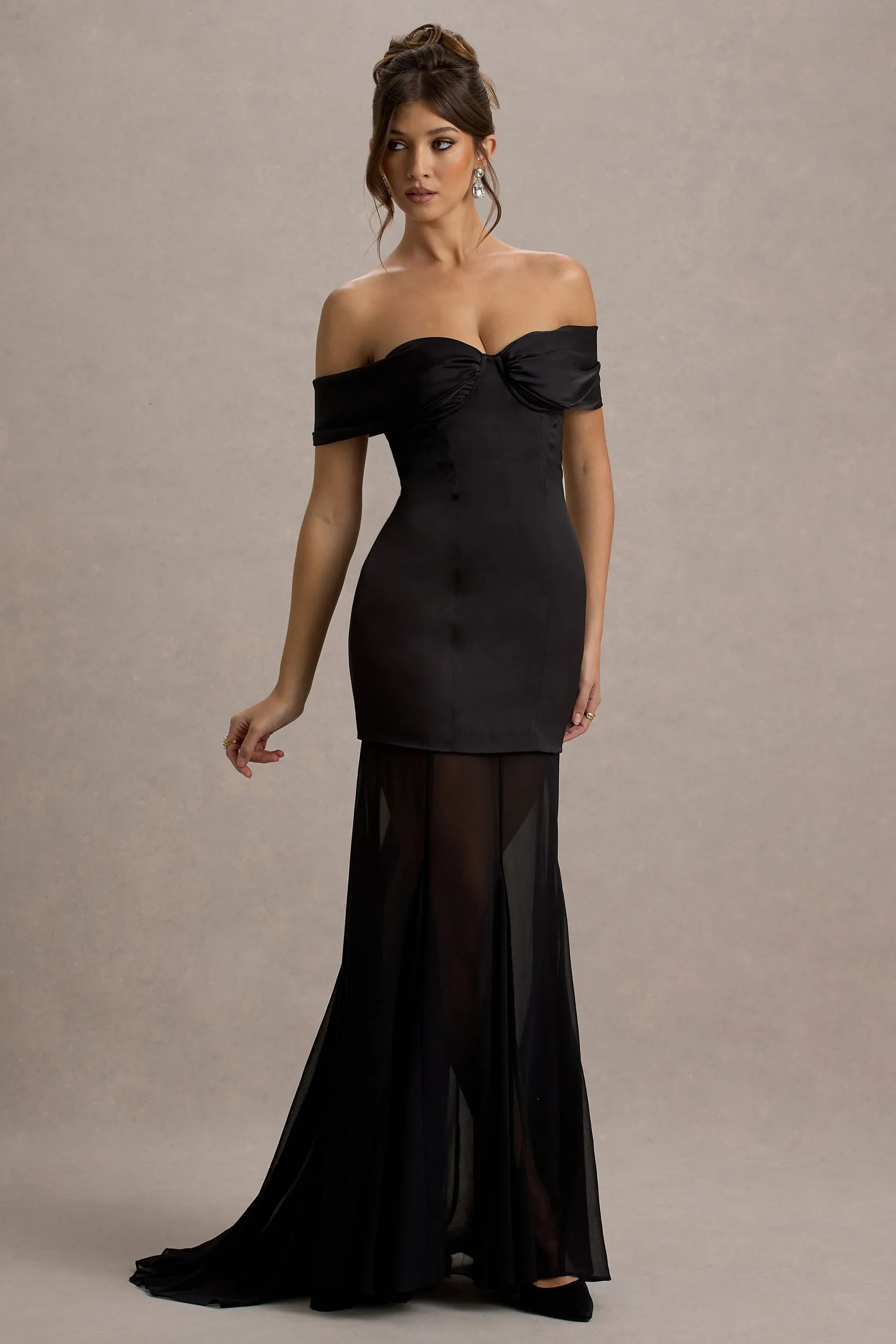 Anders Black Satin Bardot Maxi Dress With Sheer Skirt