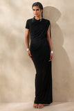 Gisara Black High Neck Maxi Dress With Sash And Draped Detailing