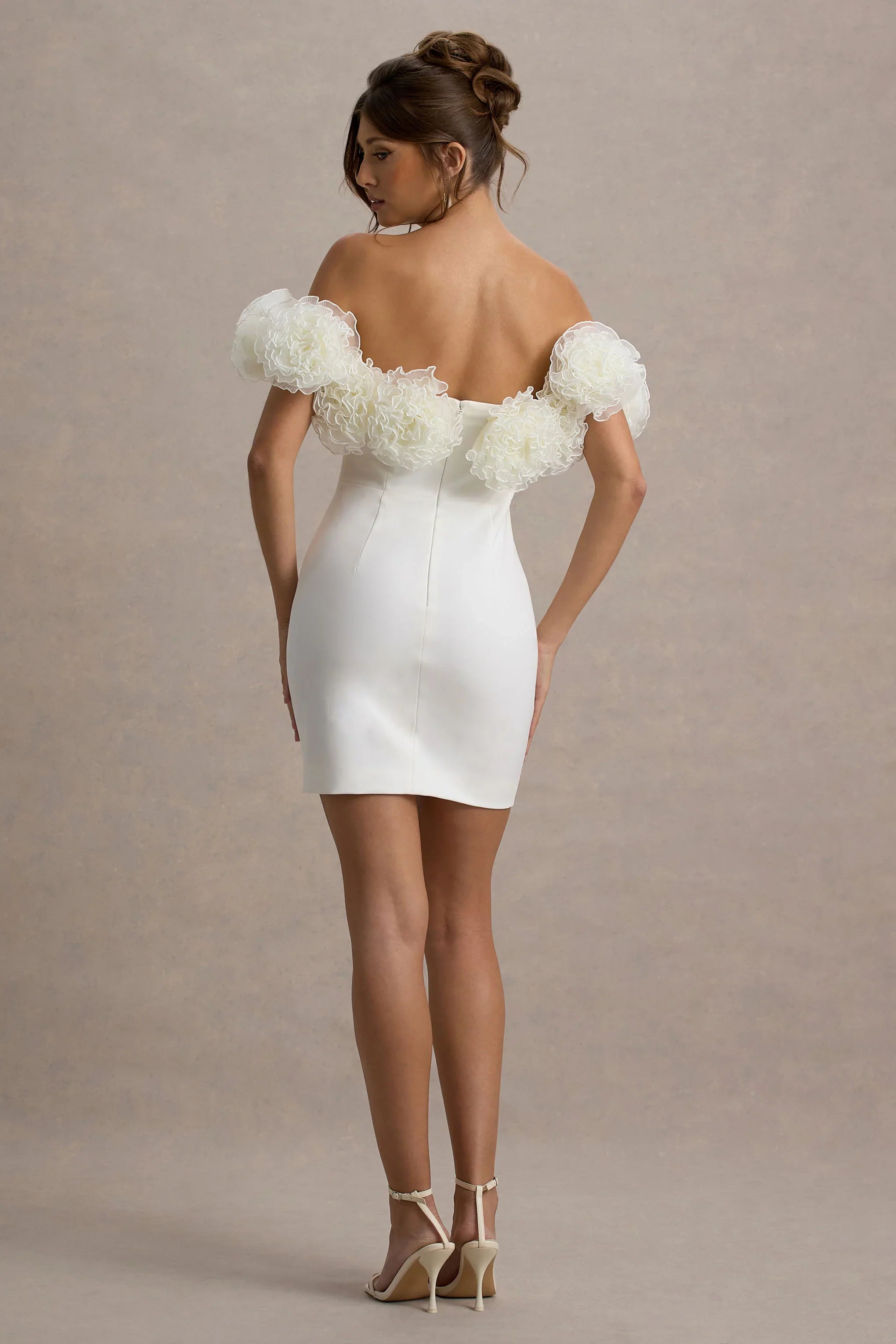 Von White Bardot Mini Dress With Ruffle Trim